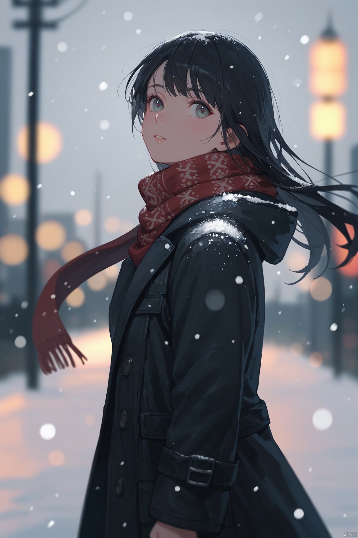 score_9,score_8_up,score_7_up,score_6_up,1girl, black coat, black hair, blurry, blurry background, blurry foreground, bokeh, city lights, coat, depth of field, from side, jacket, lens flare, long hair, long sleeves, looking away, motion blur, outdoors, scarf, snow, snowing, solo, upper body