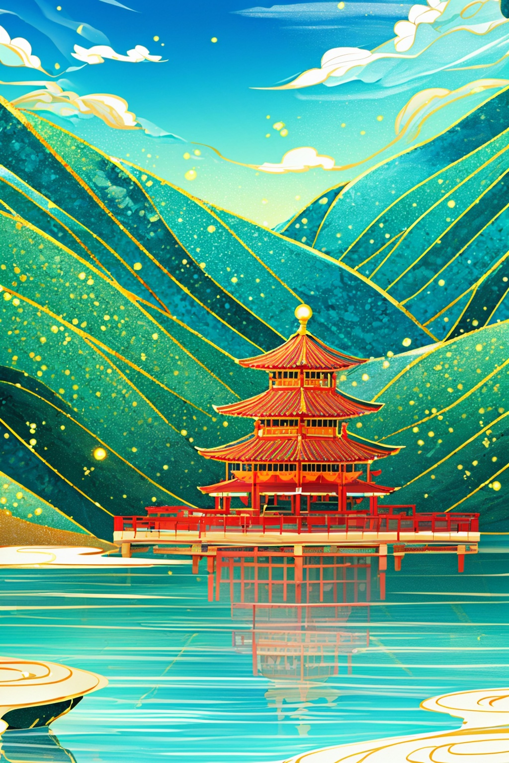 (8k, RAW photo, best quality, masterpiece:1.2,),Realistic,best quality,masterpiece,8K,HDR,RAW,1girl,<lora:add_detail:0.6>,mount,water,foge,chinese style,tower,flower,<lora:ENNE 只此青绿_v10:0.9>,zcql,