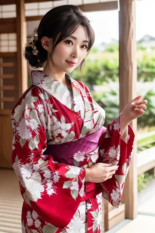 1girl, black hair, breasts, floral print, japanese clothes, kimono, obi, realistic, redjpg, solo, <lora:SD1.5_RedJPG,.1.28:0.6>