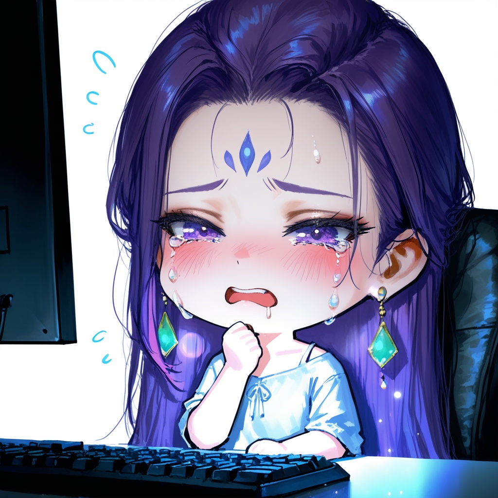 Detail enhancement,depth of field,cinematic lighting,light particles,lens flare,masterpiece,best quality,amazing quality,very aesthetic,absurdres,best quality,newest,(artist:quasarcake:0.8),extreme aesthetic,(wlop:0.9),masterpiece,best quality,good quality,newest,year 2024,year 2023,very aesthetic,absurdres,A shot with tension,impactful picture,official art,colorful,splash of color,movie perspective,<lora:合欢宗主:0.8>,simple background,white background,1girl,solo,purple hair,long hair,purple eyes,jewelry,looking at viewer,earrings,forehead,forehead mark,facial mark,(chibi:1.2),tears,keyboard (computer),open mouth,monitor,chair,blush,hand up,computer,crying,upper body,sitting,