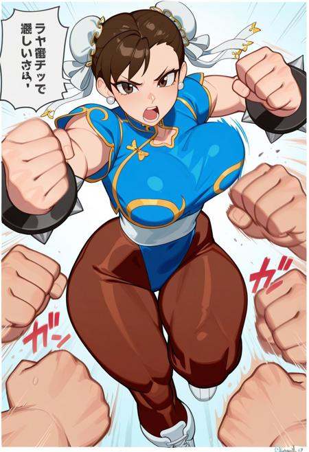 Cartoon style, pose, masterpiece, absurdres, incredibly absurdres, dynamic viewing angle, accurate body proportions, skindentation, Flatline, Flat vector illustration, masterpiece, best quality, very aesthetic, BREAK, border, BREAK, dual persona hetero-genderswap (m couple f) focus, Chun-li,   Break, nezulet, oraora_rush, 1girl, solo, punching,many fists, speech bubble, japanese text, motion lines, motion blur
