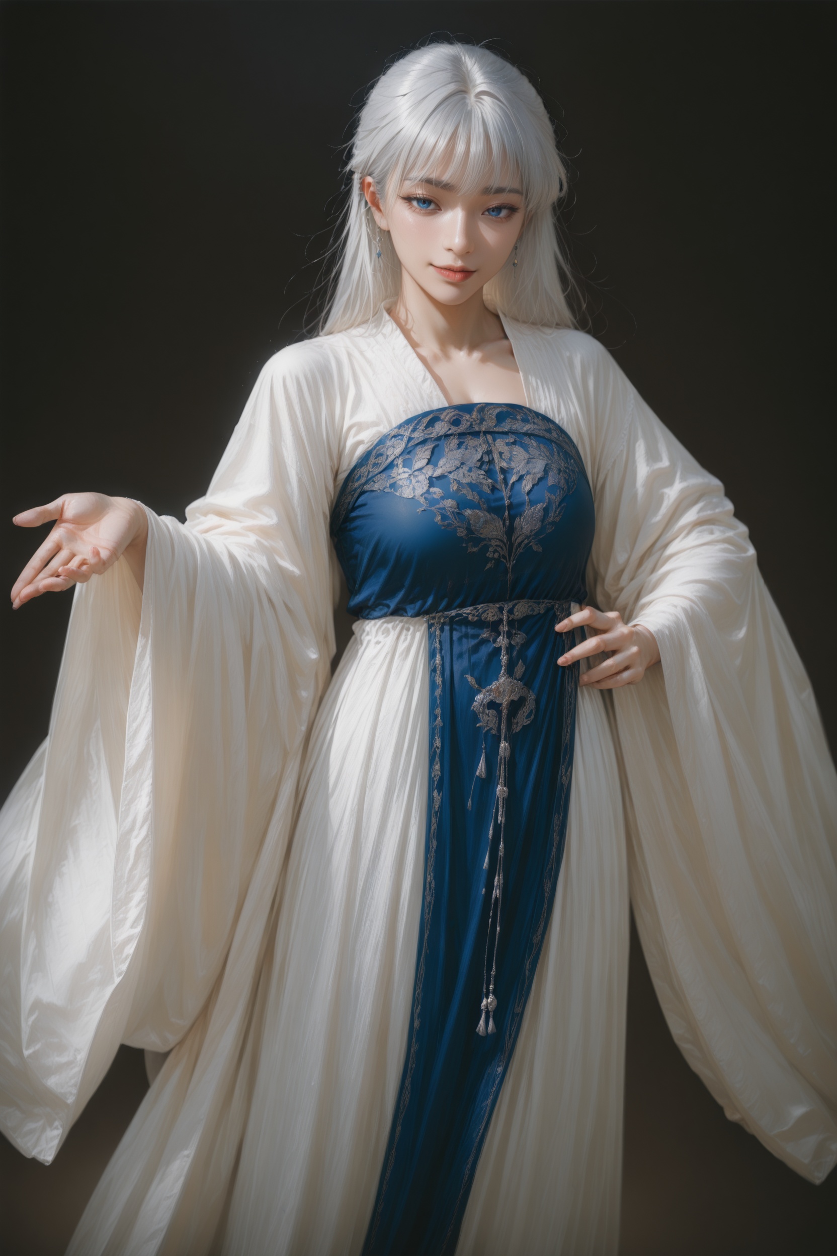 (illustration:1.1),hxxg,(wlop:0.7),newest,art,.,.,general,.,.,1girl,feet out of frame,smirk,jewelry,blue eyes,standing,qixiong ruqun,tangfu,white hair,long dress,, very aesthetic, masterpiece, highres, absurdres,