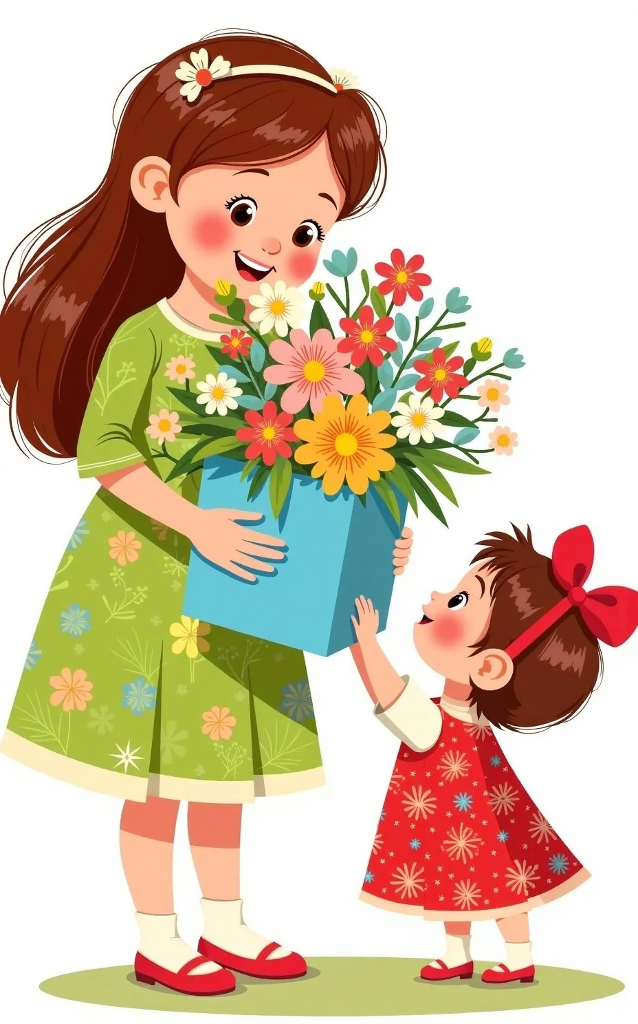 Mother's Day illustration elements,A vibrant digital illustration depicts a young girl with long brown hair in a green dress with floral patterns,holding a bouquet of colorful flowers in a blue box. She smiles warmly as a toddler in a red dress with a large bow and white socks reaches up to touch the bouquet.,