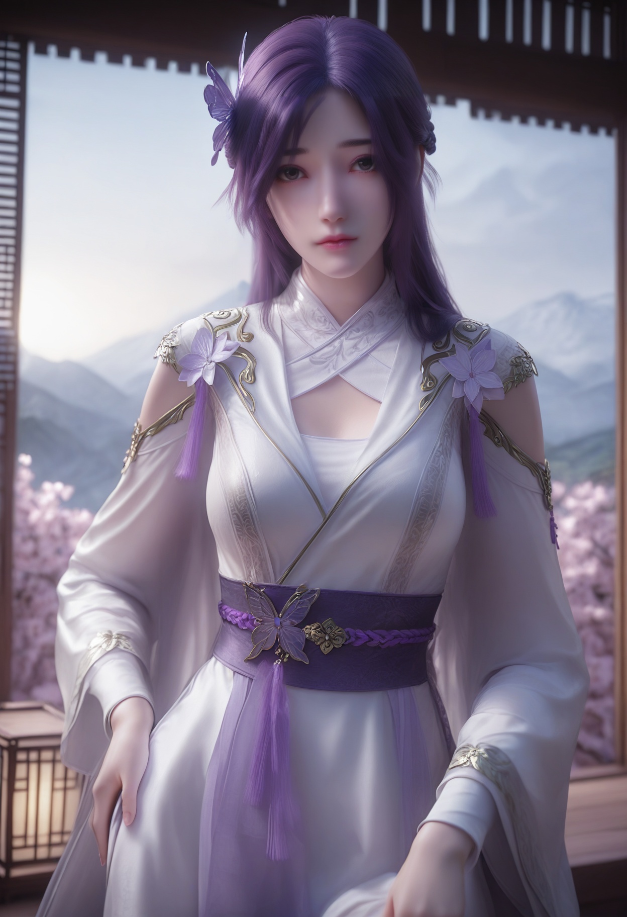 Yun_**_new,1girl,hair ornament,purple hair,long hair,solo,blurry background,looking at viewer,black eyes,bangs,hair flower,butterfly hair ornament,braid,realistic,<lora:Yun_**_*****_10_illu-000004:0.75>,white dress,purple dress,sash,chinese clothes,long sleeves,clothing cutout,photorealistic,hyperrealistic,<lora:realistic filter [IL]:1>,(pale skin:0.8),looking at viewer,standing,one hand on hip,lantern,open window,looking at viewer,indoors,mountains,blossoms,flowers,east asian architecture,beautiful sunrise,warm ambient temperature,