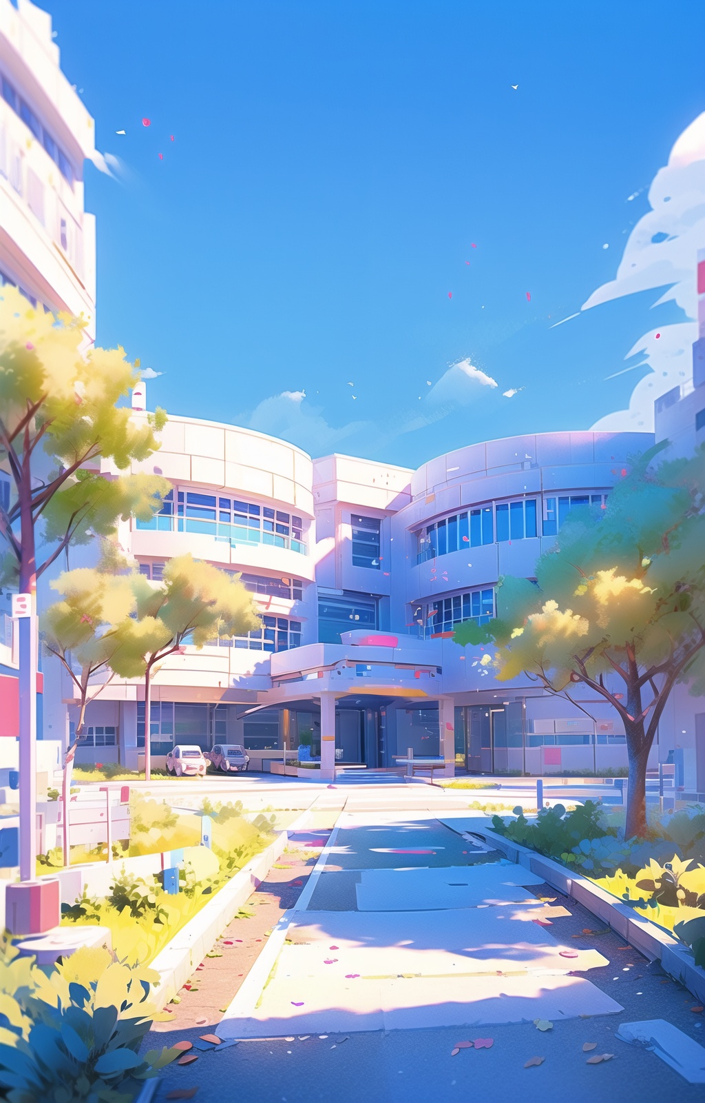 xuex,tree,outdoors,sky,no humans,building,cloud,blue sky,scenery,day,motor vehicle,ground vehicle,car,road,<lora:xuexiao:1>,
