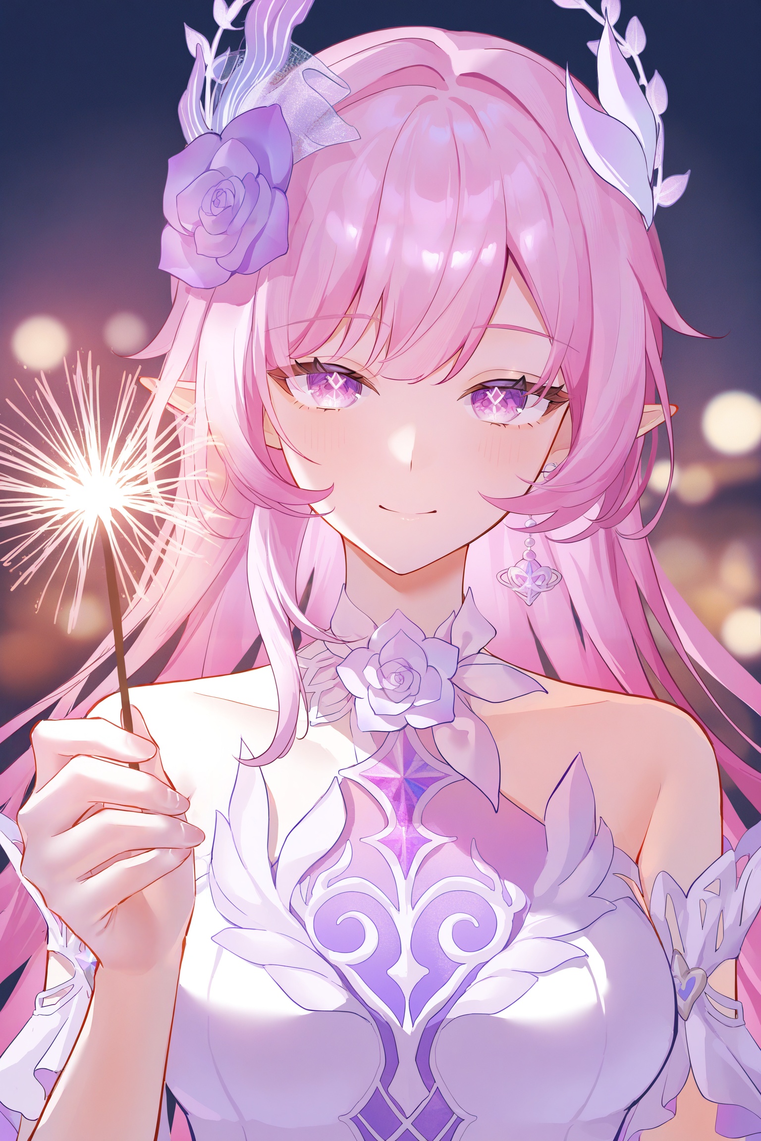 <lora:光辉V1昔涟角色V2:0.8>,xiliajn,1girl,solo,flower,long hair,pink hair,hair ornament,bare shoulders,pointy ears,dress,white dress,pink eyes,purple eyes,elf,hair flower,rose,jewelry,purple flower,white flower,diamond-shaped pupils,<lora:n11espJIMA中后期画风0.1版本XL:0.8>,iahhqxlhf,holding fireworks,night,upper body,dark theme,straight on,warm lighting,blurry,film grain,