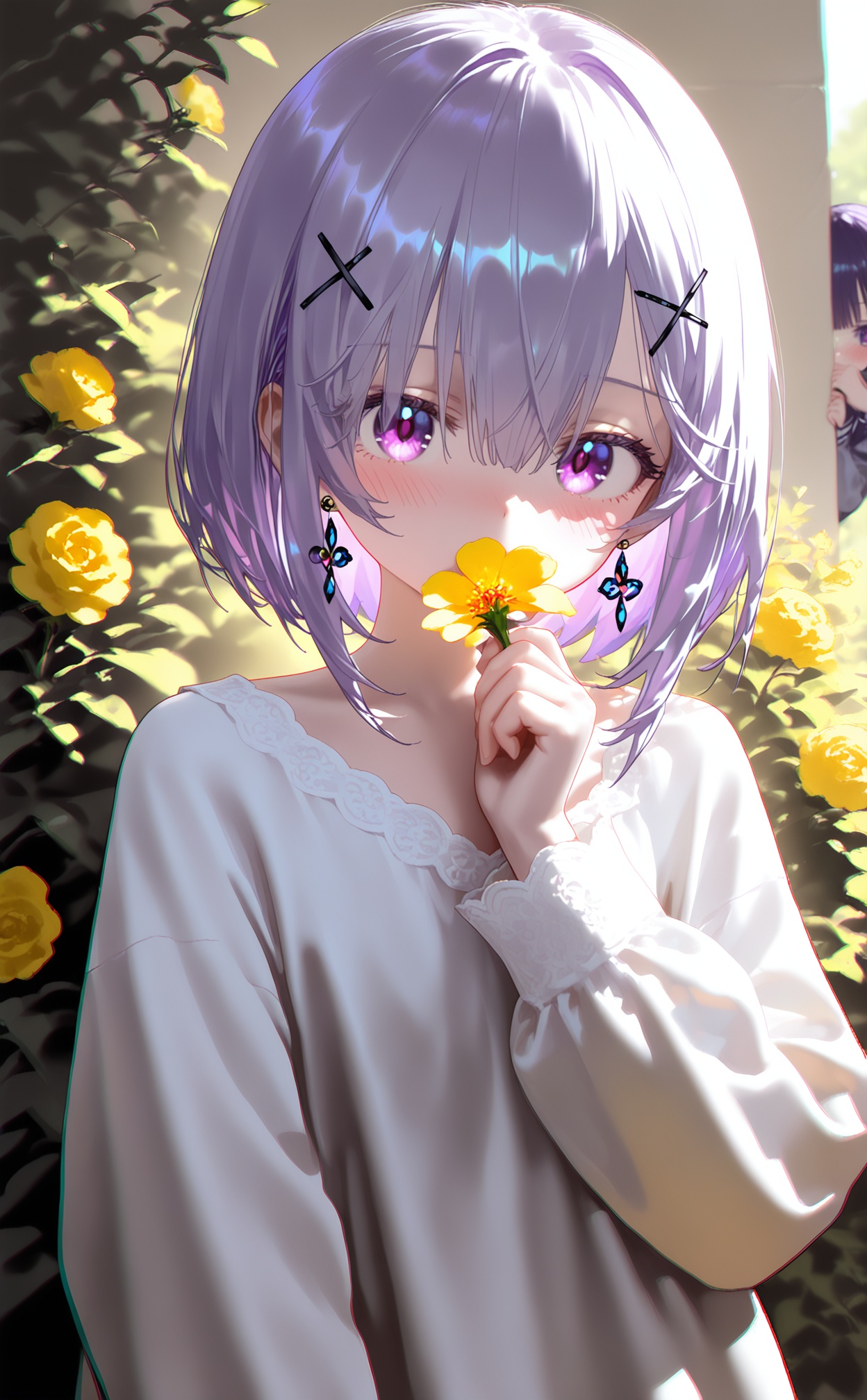 masterpiece,very aware,highres,absurdres,newest,best quality,loli,petite,high quality,chromatic_aberration,//,nyalia style,1girl, solo, flower, peeking out, looking at viewer, hair ornament, hair between eyes, long sleeves, shirt, purple eyes, yellow flower, jewelry, white shirt, upper body, earrings, purple hair, holding flower, holding, short hair, covering own mouth, bush, hiding, hairclip, outdoors, x hair ornament, blush, hand up, covered mouth, bob cut//,<lora:nyalia——【noob】hans:1>,