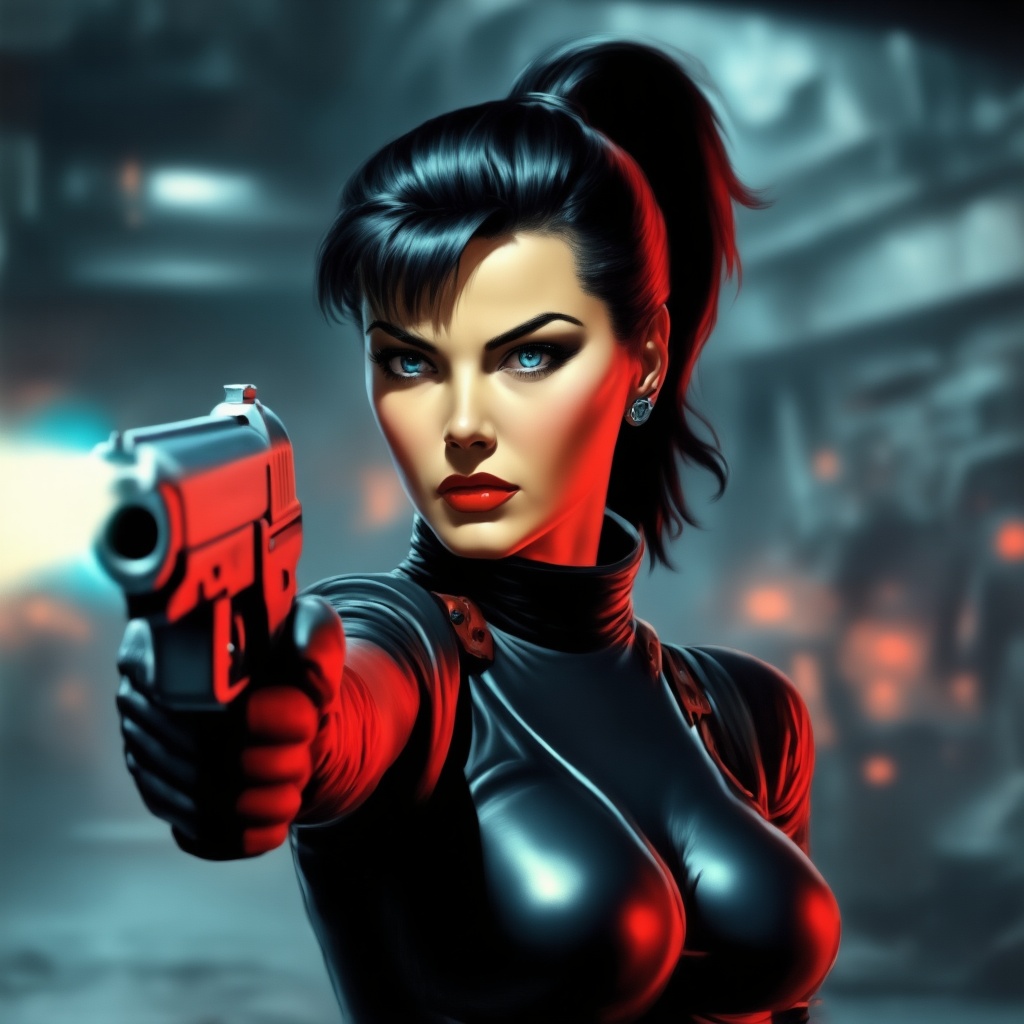 A dramatic,  action-packed portrayal of a female character in a post-apocalyptic setting. She wields a pistol with a glowi...