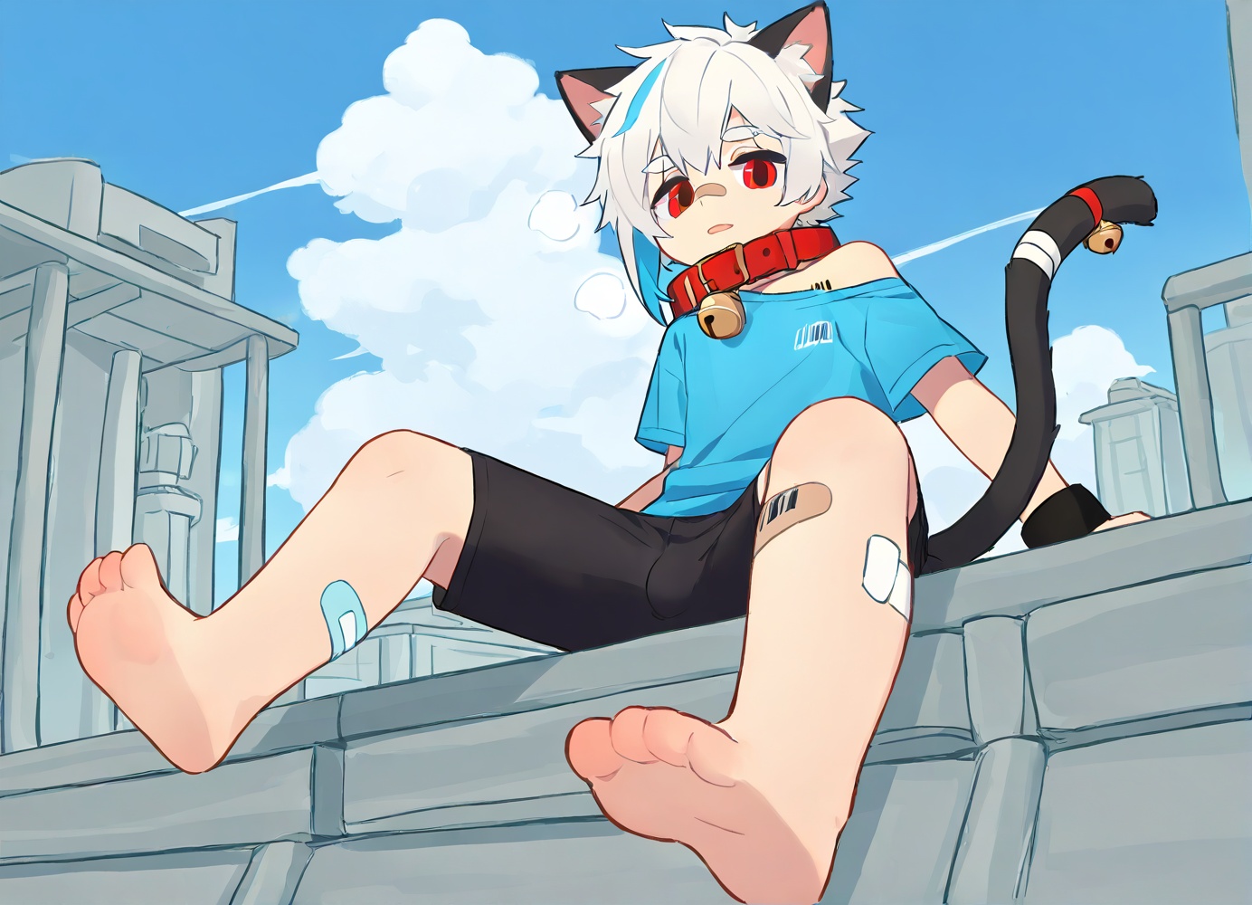 Right mid length drooping frontal hair,(Asymmetric hair on the temples:1.2),Expose left shoulder,wristband,thick eyebrows,barcode tattoo,heavy_breathing,AKIRA,cat boy,1boy,solo,male_focus,(white_hair:0.8),red eyes,[bell on collar,Collar,Cortical collar,Large collar],(blue t-shirt,black_leggings under shorts,black bike_shorts),(barefoot) BREAK dutch angle,vanishing point,sitting on rooftop,(blue sky,cloud,wind),(masterpiece, best quality:1.1),foot focus,bandage on nose,bandage on leg,Tail decoration,cat tail,<lora:furry工坊:0.5>,