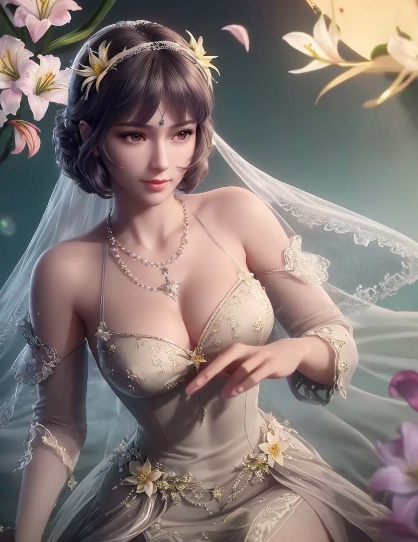 ultra realistic 8k cg, picture-perfect face, flawless, clean, masterpiece, professional artwork, famous artwork, cinematic lighting, cinematic bloom, perfect face, beautiful face, fantasy, dreamlike, unreal, science fiction,   lace, lace trim, lace-trimmed legwear,  (rich:1.4), prestige, luxury, jewelry, diamond, gold, pearl, gem, sapphire, ruby, emerald, intricate detail, delicate pattern, charming, alluring, seductive, erotic, enchanting, hair ornament, necklace, earrings, bracelet, armlet,halo((,1girl, pov,))  ((, 1girl, solo, star_\(symbol\),lily \(flower\),hair flower, wedding dress, jewelry))<lora:DA_BaiChenXiang:0.6>