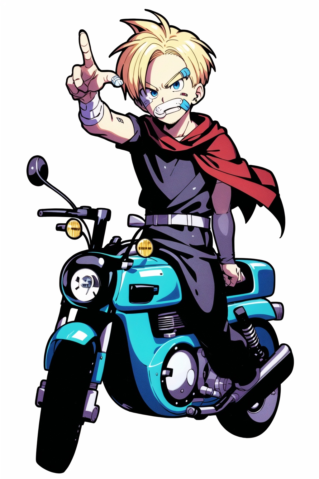 1boy, :d, bag, bandaid, black hair, blonde hair, blue eyes, border, cape, car, chibi, fingernails, holding, jewelry, kp, looking at viewer, monochrome, mustache, on motorcycle, pantyhose, riding, sash, sheathed, shirt, simple background, solo, spiked hair, standing, upper body, white background, white border,<lora:kp_鸟山明V3:0.8>,kp,, masterpiece, best quality, unity 8k wallpaper,8k, ultra high res