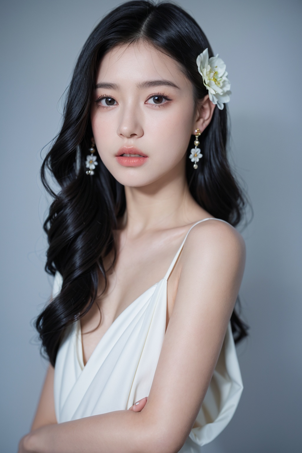 1girl, solo,(front view:1.2),(looking_at_viewer:1.4),(eye-contact:1.4),,black hair, long hair, jewelry, realistic, earrings, hair ornament, black eyes, lips, collarbone, parted lips, flower, watermark, upper body, portrait, hair flower, dress, web address,  <lora:YG红颜阁美女14:0.9>,
