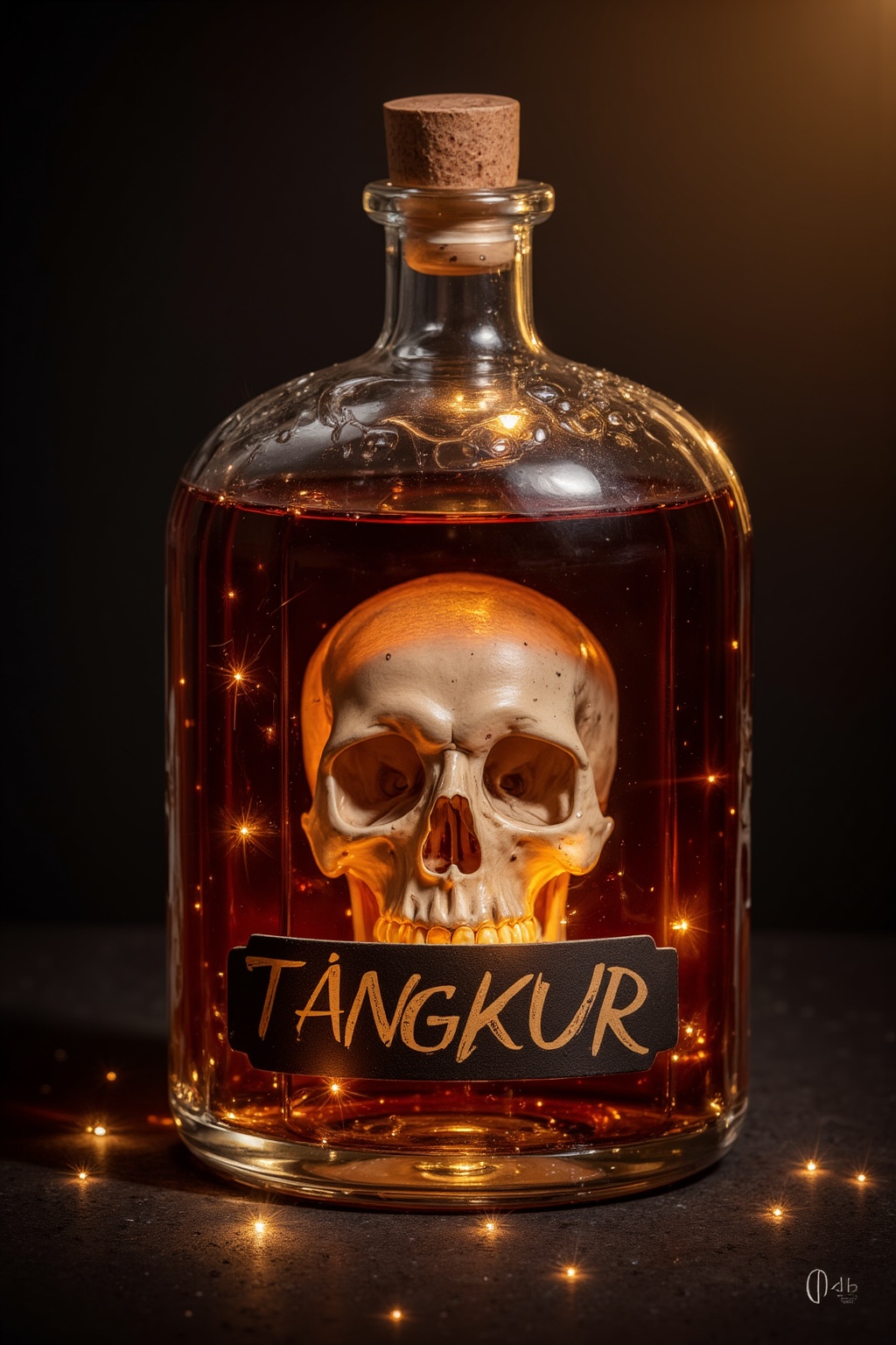 A jar filled with liquor,  a skull in the jar,  label saying " TANGKUR" on Tensor.Art