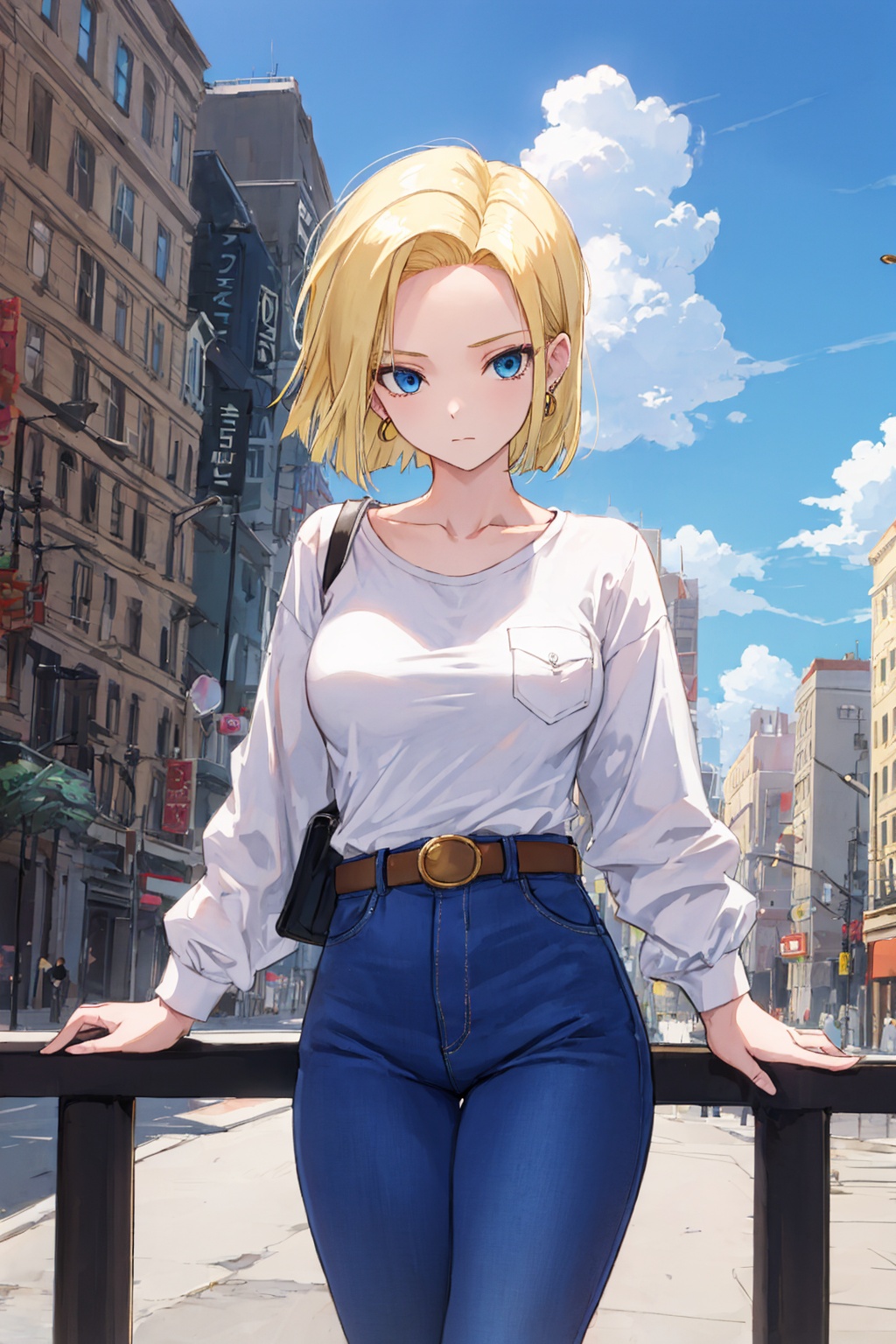 1girl,android 18,blonde hair,solo,blue eyes,jewelry,earrings,denim,belt,pants,short hair,shirt,black shirt,long sleeves,outdoors,looking at viewer,collarbone,sky,breasts,cloud,jeans,closed mouth,brown belt,bangs,pocket,railing,cityscape,building,forehead,shirt tucked in,medium breasts,high-waist pants,parted bangs,blue pants,<lora:android18-lora-nochekaiser:1>,