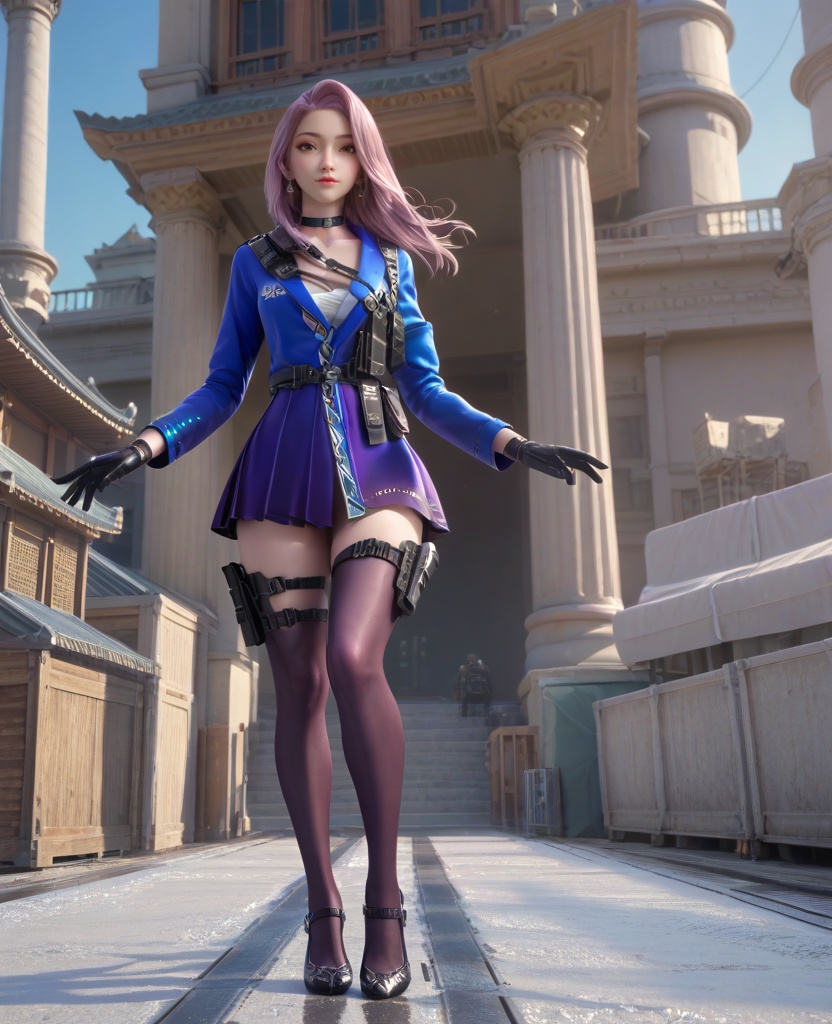 (oriental architecture, elegant decor, sophisticated style:1.1),(skiing,jumping over camera:1.1),(breasts:1.2),<lora:XL16穿越火线云悠悠保卫者:0.95>,miss yunyouyou,blue jacket,purple overskirt,brown eyes,pink hair,long hair,earrings,jewelry,black choker,belt,black gloves,thigh holstered,mauve thighhighs,black heels,, score_9,score_8_up,score_7_up,score_6_up,score_5_up,score_4_up,3d rendering,tag1,tag2, Cinematic Lighting,backlighting,, zPDXL3, zPDXL2,zPDXL, zPDXLxxx, zPDXLrl,