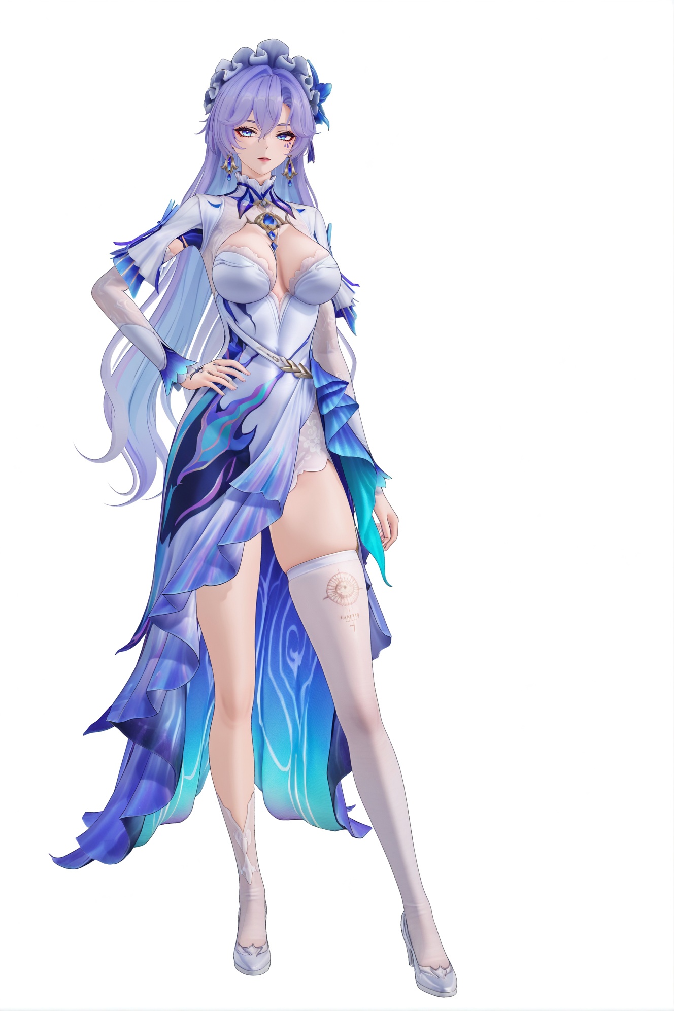 masterpiece,best quality,game cg,3d,((aritist:wlop:0.7),aritist:RyanReos,aritist:zoh,(artist:nianbingzi:0.4):0.5),full body,full shot,standing,looking at viewer,(solo:1.2),simple background,(white background:1.2),hand on own hip,(white background:1.1),<lora:Cantarella-noob-Tanger:0.8>,Cantarella \(wuthering waves\),clothes: Cantarella def white dress,teardrop facial mark,1girl,breasts,long hair,purple hair,single thighhigh,earrings,cleavage,jewelry,white footwear,bangs,