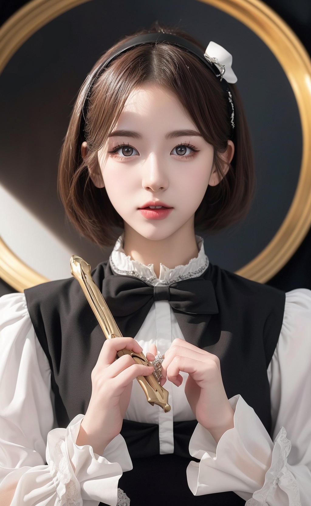 masterpiece,extremely detailed CG unity 8k wallpaper,realistic,((sfw)),1girl,solo,dark persona,illustrious,lolita fashion,(Magic Circle:1.2),Magical girl,Wand,<lora:20d:0.2>,<lora:heisi:0.2>,(bust:1.1),<lora:hyoppeu1.0.1:0.7>,short hair,