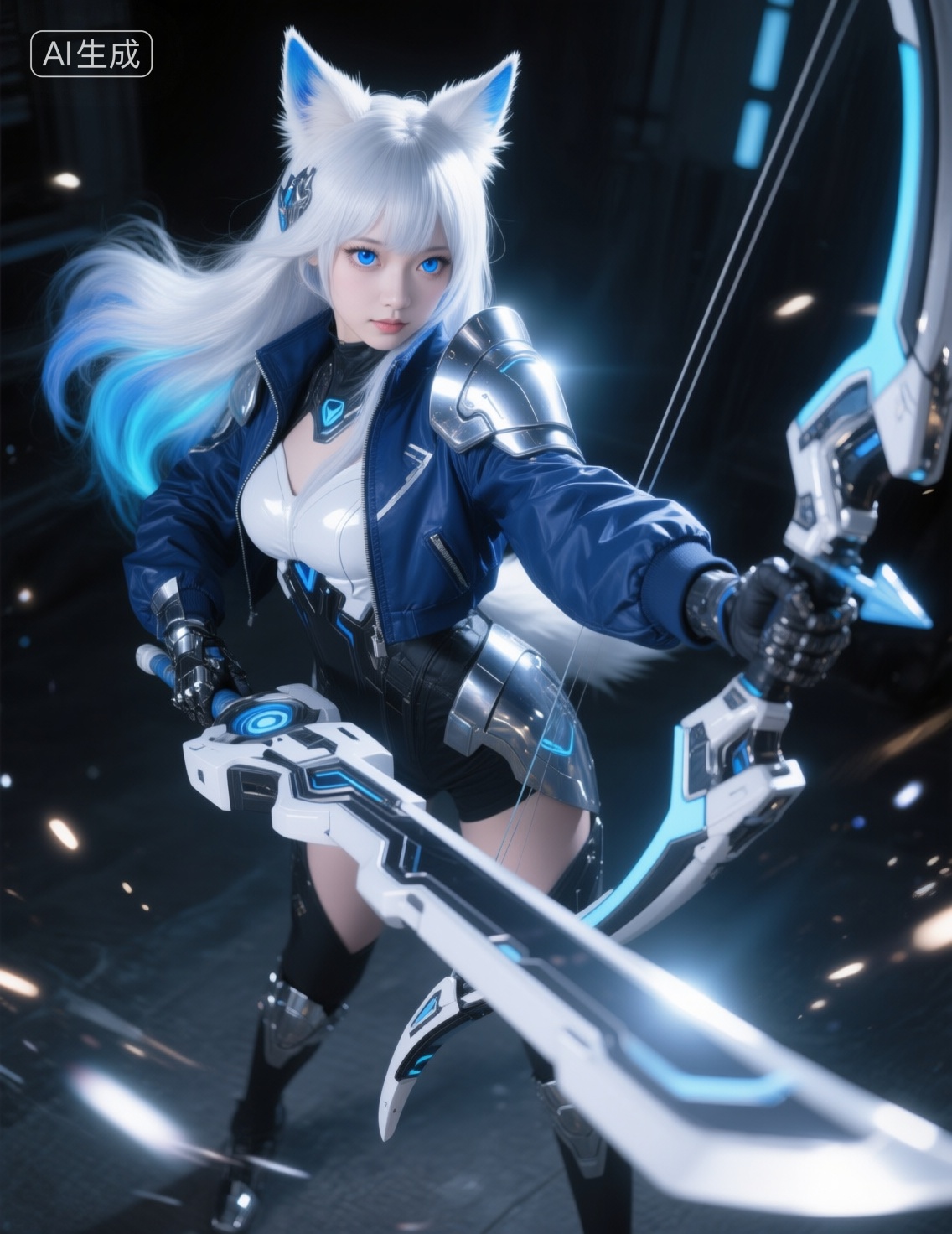 cosplay,zh,jp,sy,这幅图像展示了一个具有幻想元素的高细节和风格化的女性角色,这个人物有着银白色的长发,带有微妙的蓝色挑染,眼睛是醒目的蓝色,她穿着未来感的装甲服装,配有流线型的金属肩甲和深蓝色夹克,她的耳朵像狐狸或猫的耳朵,增添了她的神话或拟人化的外观,她手持一把独特设计的巨大武器,看起来像是剑和弓的结合体,暗示她可能是一个科幻或奇幻设定中的战士或弓箭手,光线效果非常戏剧化,柔和的高光突出了她的特征以及盔甲的反光表面,整体美学融合了动漫,赛博朋克和高幻想的元素,创造了一个视觉上引人入胜且沉浸式的人物设计,超现实主义人像摄影,前卫,俯视角度,极具透视感,广角镜头畸变,有张力的动作,动态视角,速度感,高斯模糊,暗调前景,光粒子元素,, Negative prompt: ng_deepnegative_v1_75t,(badhandv4:1.2),EasyNegative,(worst quality:2),,nsfw, Steps: 40, Sampler: Euler, CFG scale: 4.0, Seed: 3167760992, Size: 1140x1472, Model hash: 98763a1277, Model: Qwen-Image_1.0.safetensors, Denoising strength: 0, RNG: CPU, Lora 1: 20251122-1763794867058-0001, Lora Hash 1: 0566c82ecb, Lora Weight 1: 0.6, Lora 2: 星美通义千问_亚洲人像摄影, Lora Hash 2: 62d8c8ddd6, Lora Weight 2: 0.1, Lora 3: Qwen_昭和美人复古摄影, Lora Hash 3: 7252b4b796, Lora Weight 3: 0.1, Lora 4: 星美Qwen_超现实氛围感人像摄影, Lora Hash 4: 94cce42ff9, Lora Weight 4: 0.1, vae_name: automatic