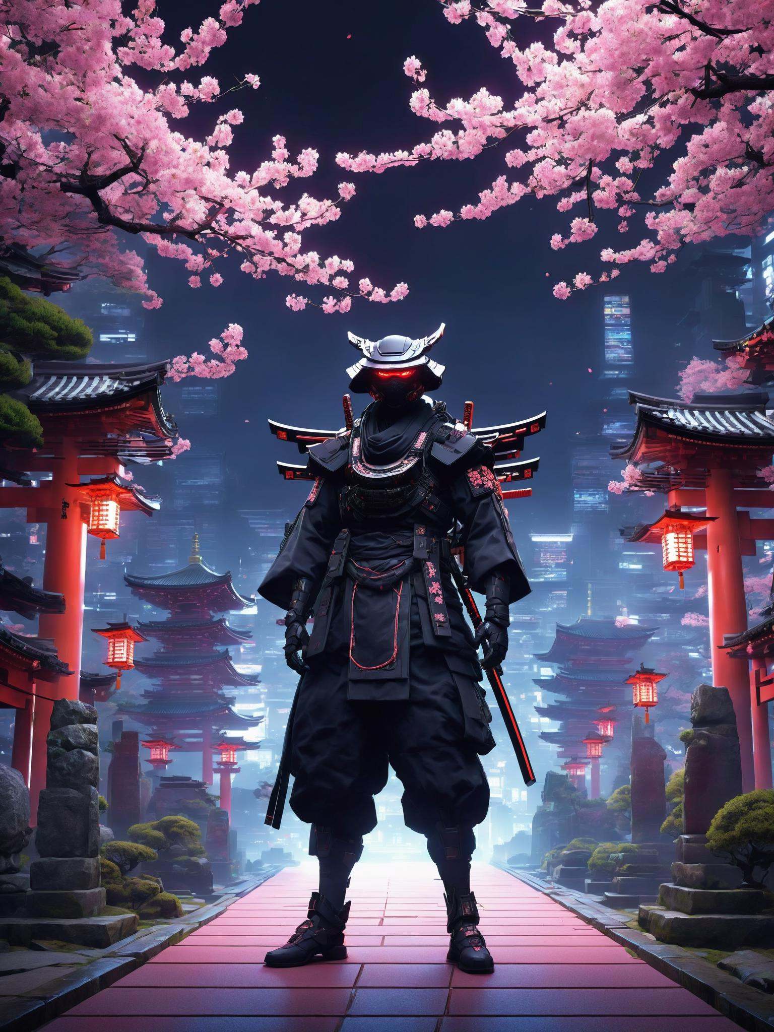 In the heart of a sprawling metropolis,  an enigmatic cybernetic ninja stands sentinel at a digitalized Shinto temple. Cla...