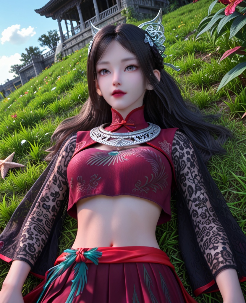 (oriental architecture, elegant decor, sophisticated style:1.1),(Lying on a grassy hill, arms spread out, looking like a starfish and enjoying the sun,:1.1),(breasts:1.2),<lora:XL少年歌行慕雨墨:0.95>,miss muyvmo,red crop top,pleated skirt,black hair,hair ornament,long hair,silver collar,black lace long sleeves,claw ring,heterochromatic eyes,lips,midriff,, score_9,score_8_up,score_7_up,score_6_up,score_5_up,score_4_up,3d rendering,tag1,tag2, Cinematic Lighting,backlighting,
