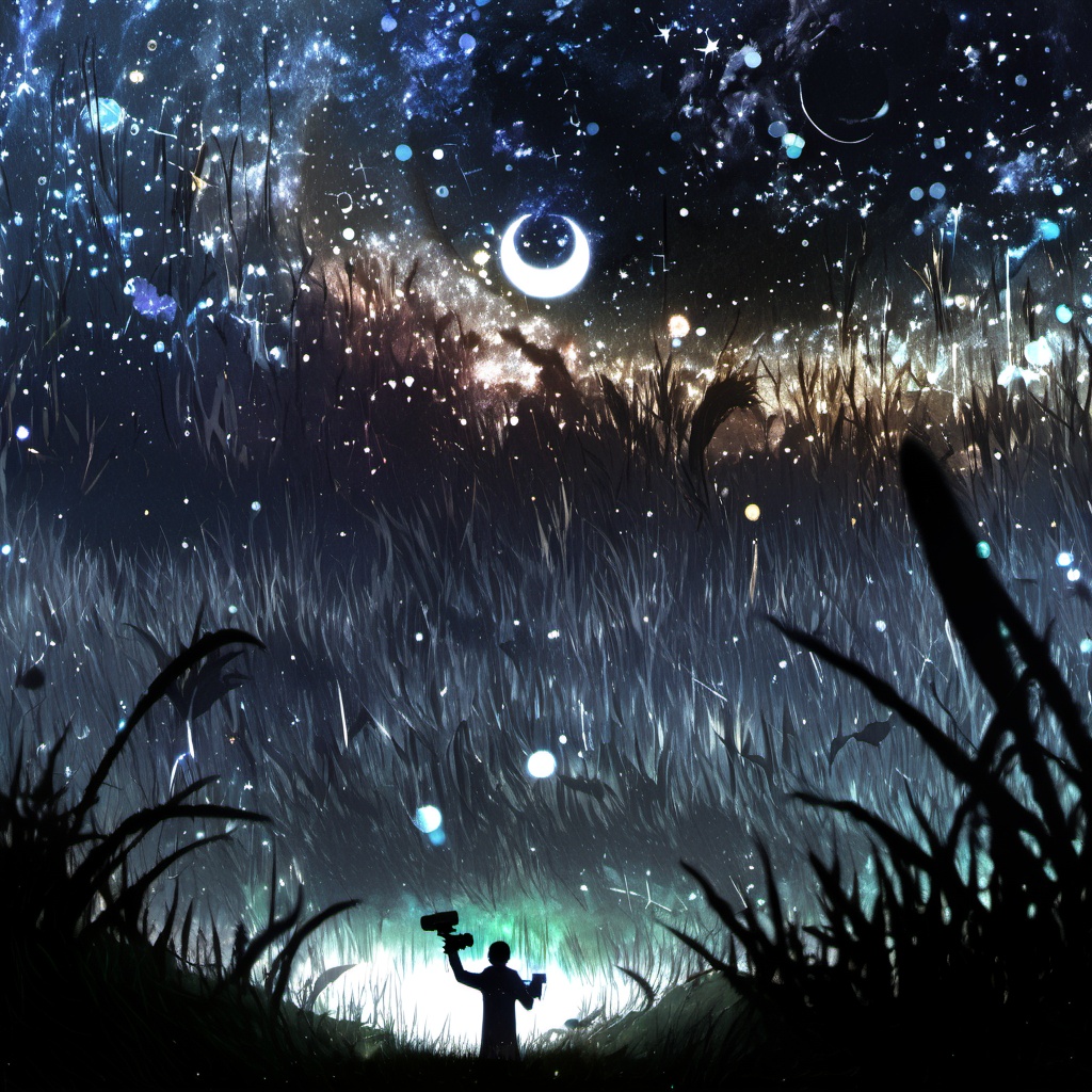 <lora:star_xl_v1:1>,The image showcases a breathtaking cosmic scene where a vast expanse of the universe is visible. The sky is filled with a myriad of stars, nebulae, and a crescent moon. A silhouette of a person stands in the foreground, gazing up at the celestial display. The person appears to be holding a small object, possibly a telescope or a camera, capturing the moment. The ground is covered with tall grasses, and the overall ambiance of the image is serene and awe-inspiring., cosmic scene, vast expanse of the universe, nebulae, crescent moon, silhouette of a person, telescope, camera, grasses, ambiance