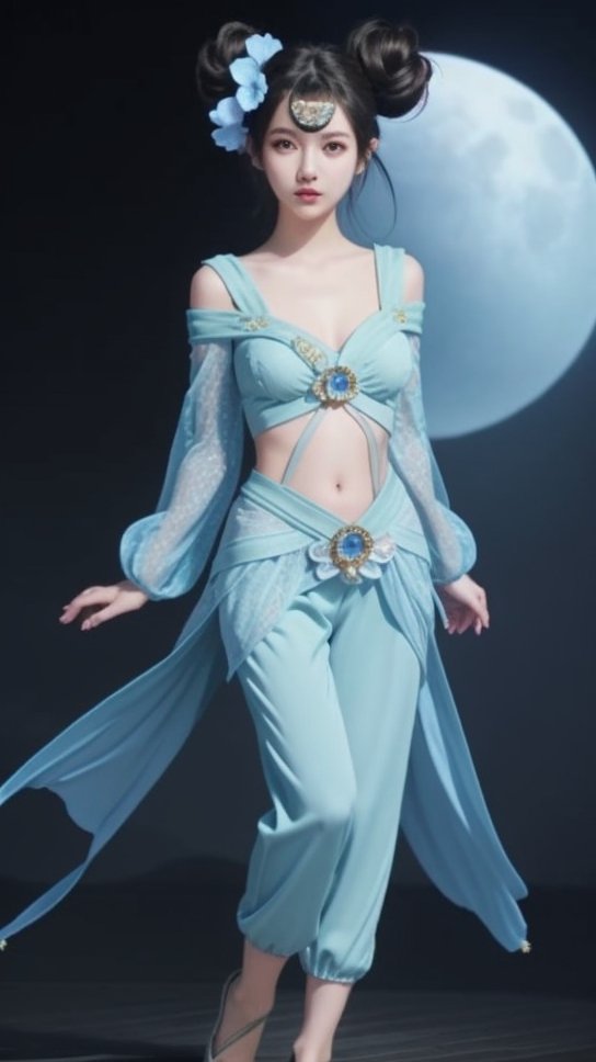 (1girl),smooth chin,masterpiece,detailed face,((hair ornament)),top quality,4k,make up,best quality,medium breasts,(looking at viewer),long legs,double bun,jewelry hair,dress,detached sleeves,ribbon,shawl,light blue skirt,puffy pants,hair rings,hair flower,(wariza),(arms behind back),bangs,jewelry on bangs,<lora:王者小乔青蛇SD_v1.0:0.6>,