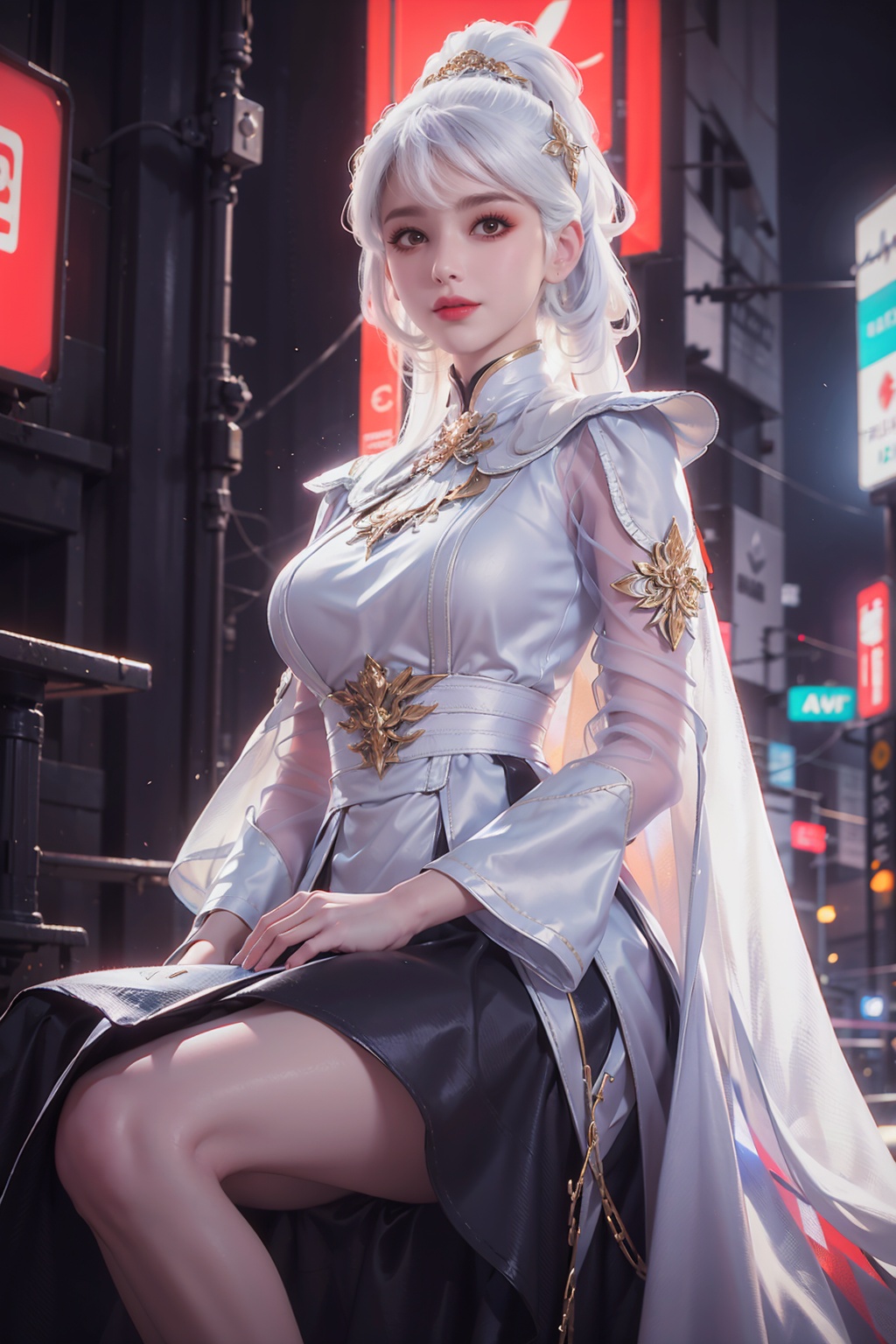 1girl,solo,(sitting:1.5),(hand drooping:1.2),anklet,black skirt hem,cape,chain,dress,hair ornament,jewelry,long hair,long sleeves,looking at viewer,makeup,ponytail,red lips,see-through,white and black dress,white dress,white hair,wide sleeves,brown eyes,(neon lights:1.1),night scenes,(cyberpunk:1.2),outdoors,street,building,depth of field,(ultra-detailed, highres, extremely detailed,Exquisiste Craftsmanship,High-Resolution Beauty,Unparalleled Artistic Quality),(Stunning Composition),(Photorealism),(Breathtaking Textures),(Superb Clarity),(Impressive Depth),red lips,(Masterful Brushwork),(Breathtaking,Artistic Precision,Unparalleled Artistic Quality,Immersive Quality),(Immersive Quality),masterpiece,illustration,extremely delicate and beautiful_CG,unity,(8k wallpaper),(colorful),(Photorealistic Precision),(Rich Dynamic Range),(Amazing,Incredible Clarity),(official art),(HRD, HUD, 8K),(glossy skin),(colourful),(Rich Textures,Impeccable Detail),(Exquisite Visuals),(Vivid Colors),(Masterful Color Rendering),(Intricate Details),(perfect soft tender delicate white skin:1.2),(bright pupils:1.2),<lora:场景人物颜色过滤1.0_v4-000016:0.5>,<lora:细节制造_V1:0.4>,<lora:NM_手部改变器_1.0:0.3>,<lora:洛雪-妖神记明月无双:0.6>,