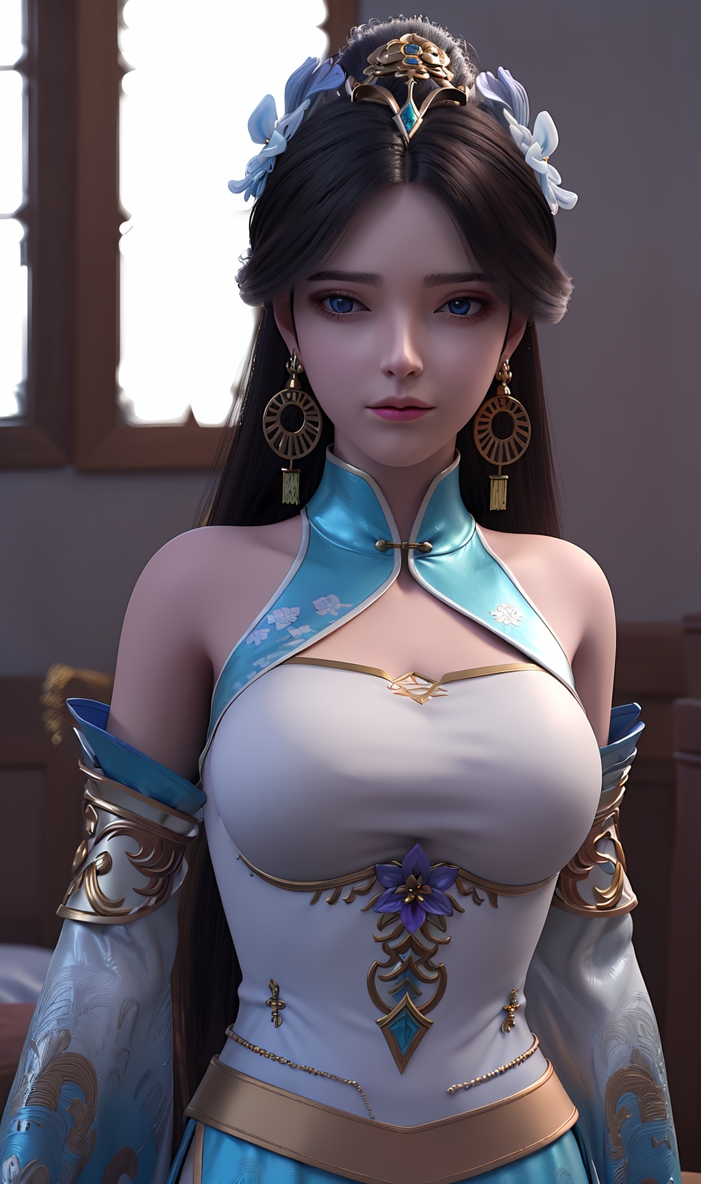 3D,masterpiece,(best quality),(makeup),official art, extremely detailed cg 8k wallpaper,((crystalstexture skin)), (extremely delicate and beautiful),(highly detailed),(face),(gold_trim),(collar),(hair_flower),tassel,,(wide_sleeves),(1girl), (solo), (jewelry), (earrings),(purple_hair),(long_hair),(hair_ornament),(handwear),(breasts),(standing),((upper_body)),(off-shoulder_dress),(closed_mouth),(chinese_clothes),(dress),,(multicolored_clothes),(multicolored_dress),(shiny_clothes),(city,indoor,bed),,((looking_at_viewer)),((Facing the camera)),, <lora:hipoly3DModelLora_v10:0.3>