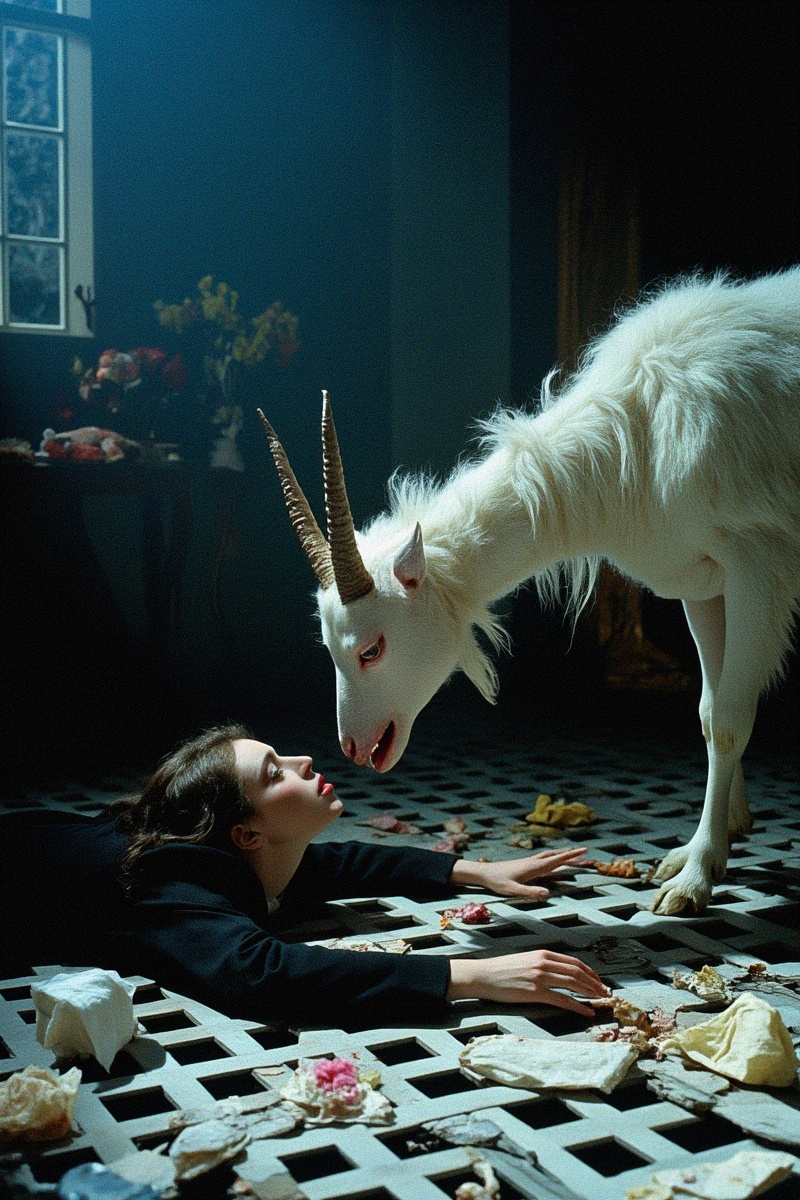 GSL,<lora:Fulan_guishilu_merjic_F.1:0.8>,surrealist Grotesque photography,A surreal encounter between a woman lying on a lattice floor and a grotesque white goat, indoors, dark environment,