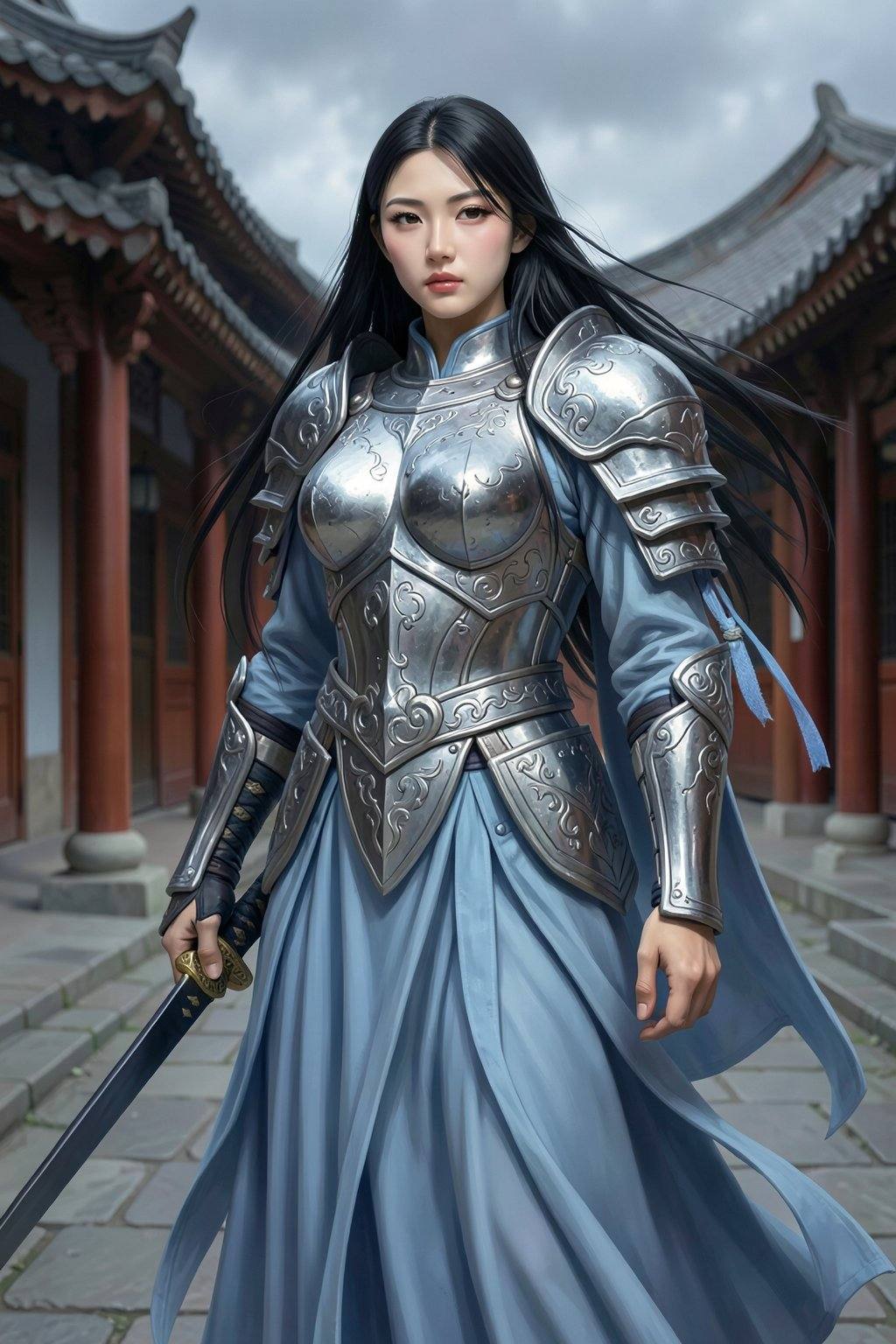 The image depicts a digital artwork of a young East Asian woman standing in a traditional Chinese courtyard. She has long,...