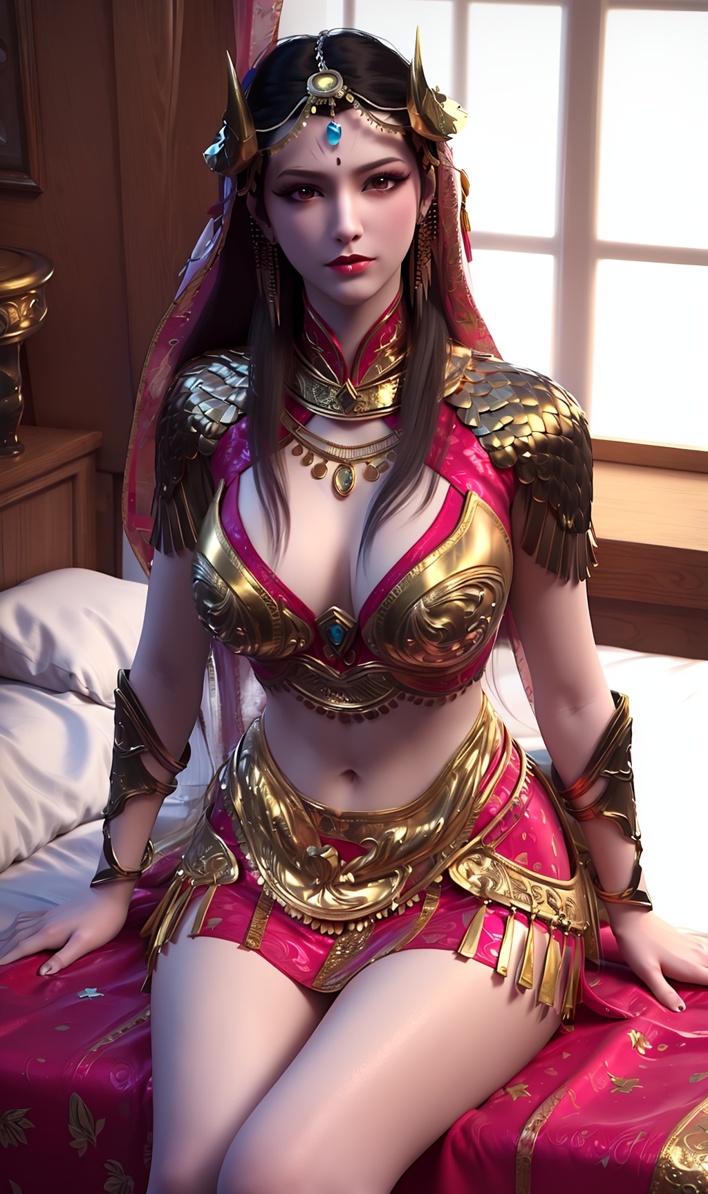 3D,masterpiece,(best quality),(makeup),official art, extremely detailed cg 8k wallpaper,((crystalstexture skin)), (extremely delicate and beautiful),(highly detailed),(face),(gold_trim),(collar),(scarf),(1girl), (solo), (jewelry), (earrings),(purple_hair),(long_hair),(hair_ornament),(handwear),(breasts),(sitting),(chest_protector),((upper_body)),(long_legs),(closed_mouth),(navel),(long_skirt),(chinese_clothes),(dress),,(multicolored_clothes),(multicolored_dress),(shiny_clothes),(city,indoor,bed),(wristband),,(armor),,((looking_at_viewer)),((Facing the camera)),, <lora:hipoly3DModelLora_v10:0.3>