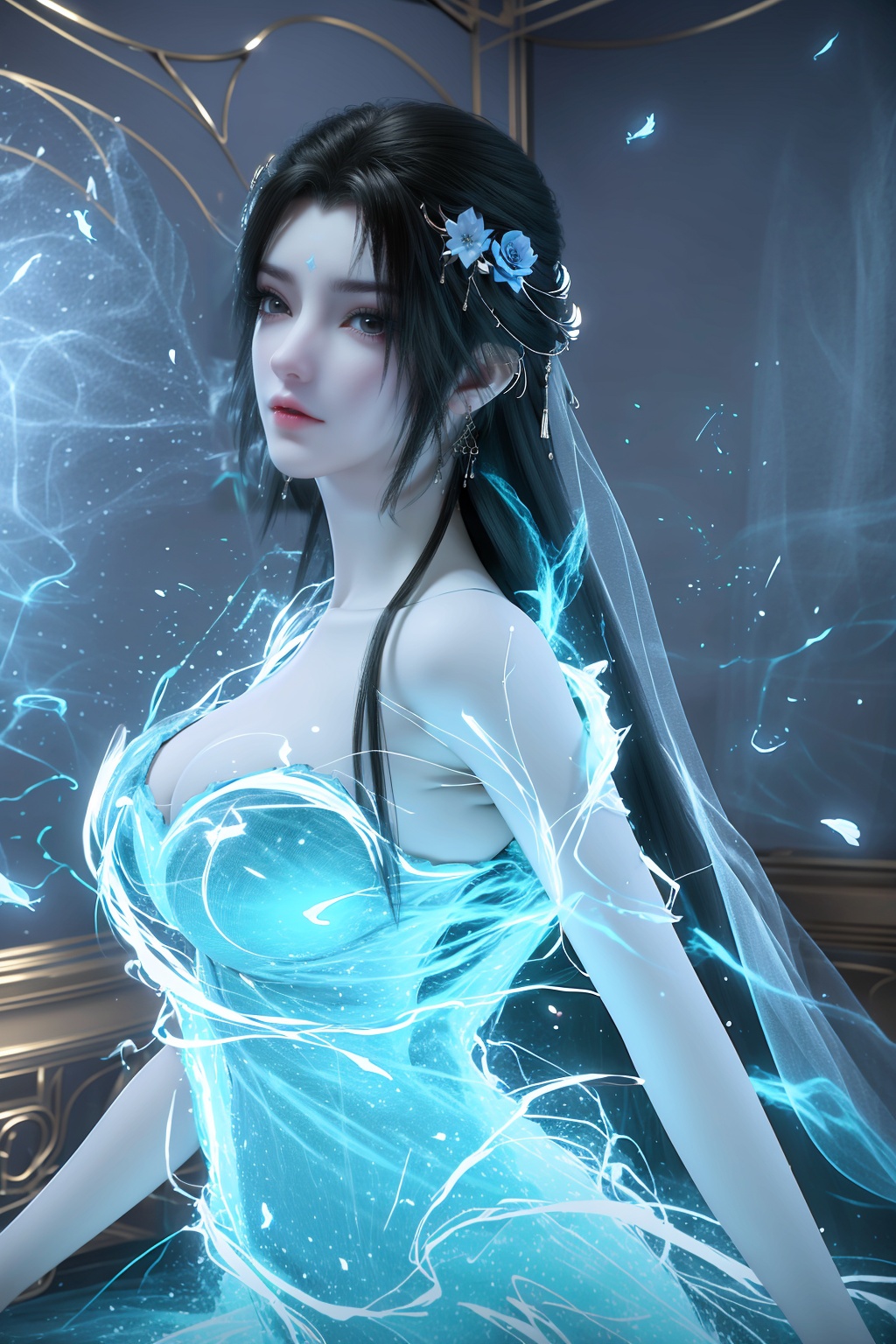(8k, RAW photo, best quality, masterpiece:1.2),hatching (texture),skin gloss,light persona,artbook,extremely detailed CG unity 8k wallpaper,official art,(high detailed skin),glossy skin,contrapposto,female focus,sexy,fine fabric emphasis,wall paper,flower,lying,indoors,on side,curtains,butterfly,1girl,solo,looking at viewer,ribbon,flower,petals,qy-hd,<lora:0406蓝衣清漪64:0.8>,ll-hd,<lora:1111白皙质感:0.5>,ty-hd,ty-hd,<lora:0110田野:0.6>,