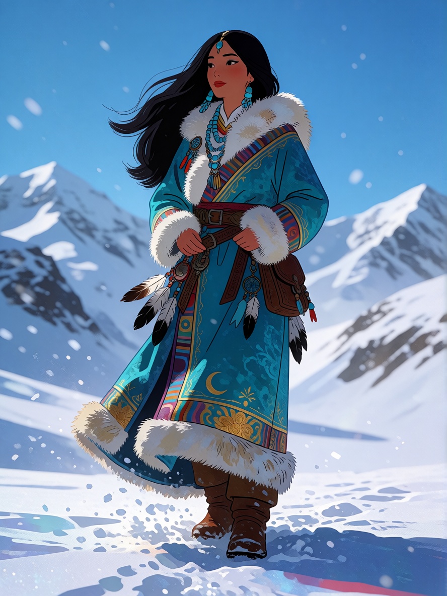 CartoonLadies style. A striking young Caucasian woman stands confidently in a vast,  snowy mountain landscape,  her presen...