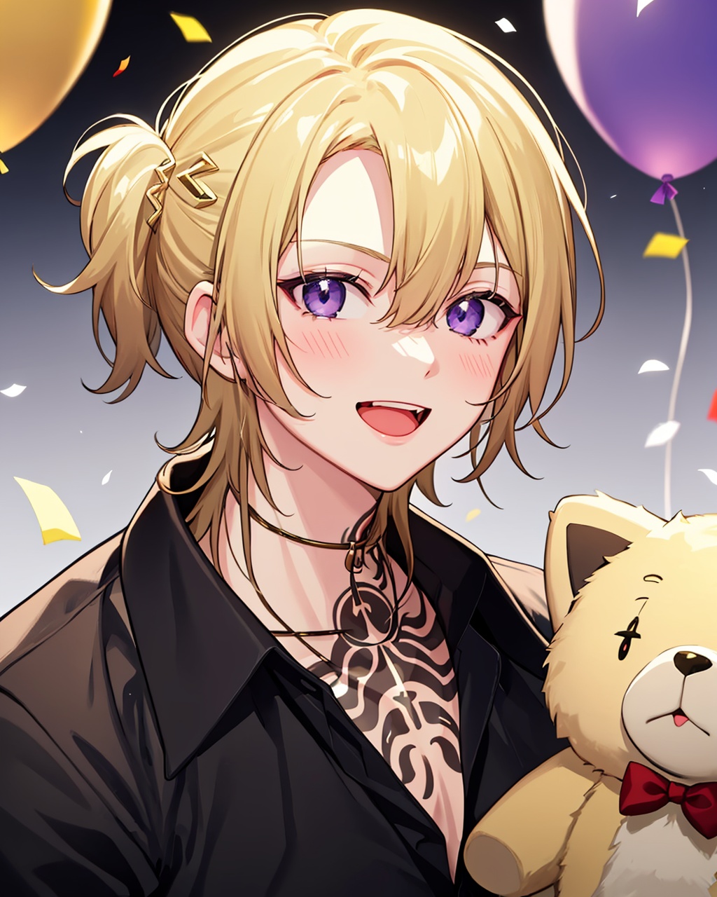 masterpiece,best quality, highly detailed, luca kaneshiro,1boy, virtual youtuber, male focus, short sidetail, balloon, black gloves, open mouth, confetti, black shirt, solo, looking at viewer, holding, hair ornament, stuffed animal, collared shirt, upper body, teeth, depth of field, blurry background, chest tattoo, :d, blush stickers,<lora:luca_kaneshiro:1>