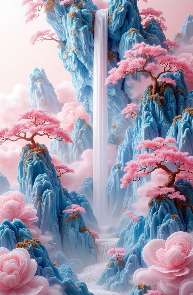 qinghua,qinghua A digital artwork featuring a serene, ethereal landscape with a cascading waterfall flowing down rugged, blue rock formations. Pink cherry blossom trees and soft pink clouds add a dreamy, pastel aesthetic. The image is highly detailed with a surreal, almost 3D effect, blending natural and fantastical elements. 