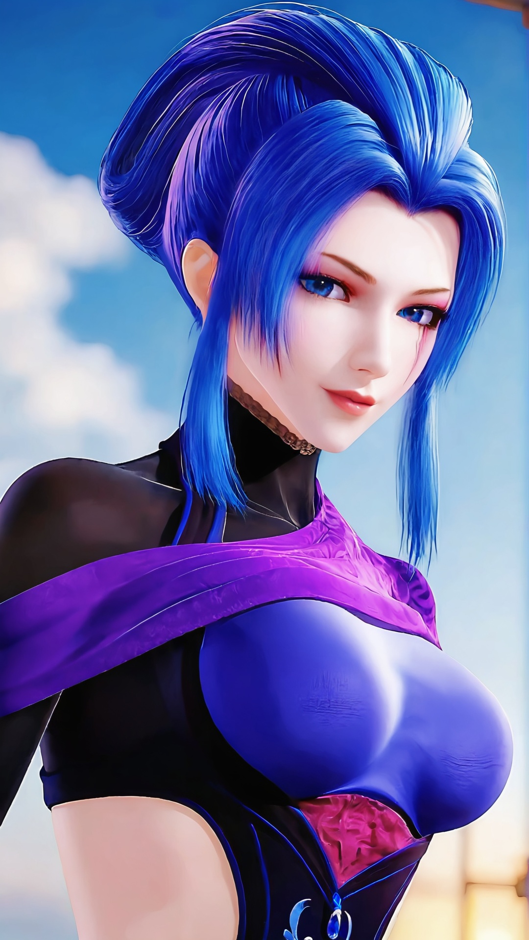 The image is a digital portrait of a young woman with blue hair. She has a serious expression on her face and is looking directly at the camera. Her hair is styled in a high ponytail with multiple strands of blue hair framing her face. She is wearing a purple and black outfit with a high collar and a choker necklace. The background is a blue sky with white clouds and a crescent moon. The overall mood of the image is dark and mysterious.,<lora:pony紫女:0.8>,