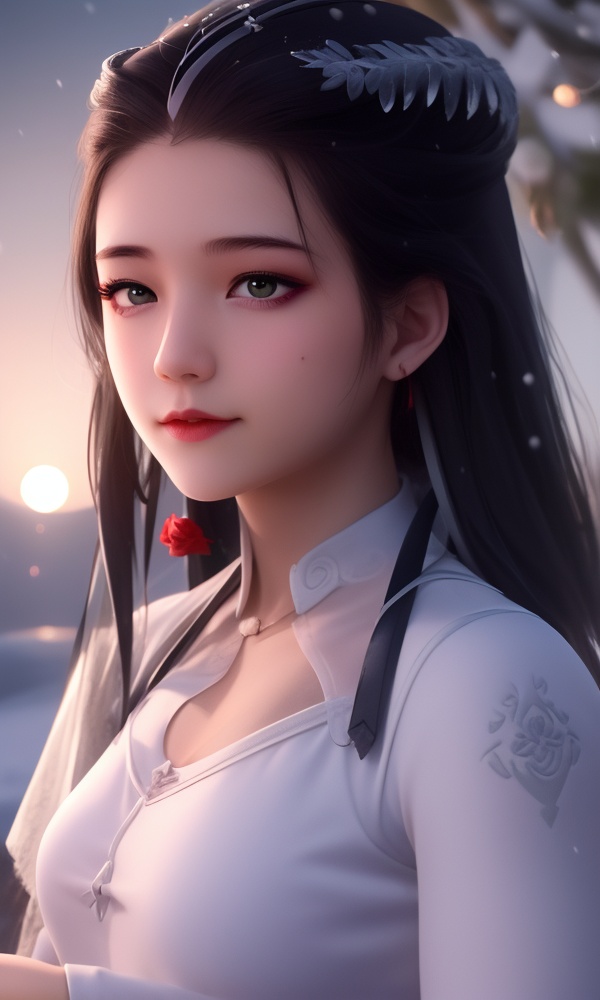 (,1girl, ,best quality, ),looking at viewer, <lora:409-DA-师兄啊师兄-皖江雨:0.8> ,, ,masterpiece, (( , )),, realistic,science fiction,mole, ultra realistic 8k cg, ,      ,outdoors, snow, snowing, snow on head, sun,sunset,sunlight,moonlight,full moon, red moon,  crescent moon,  crescent rose,  black rose,       (()), (),