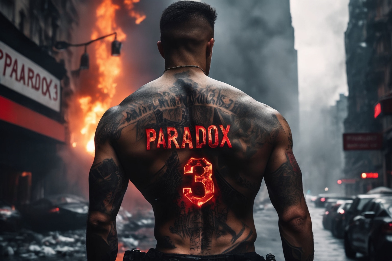 a cyberpunk soldier standing in a war city on fire,  no shirt,  with a tattoo on his back on Tensor.Art