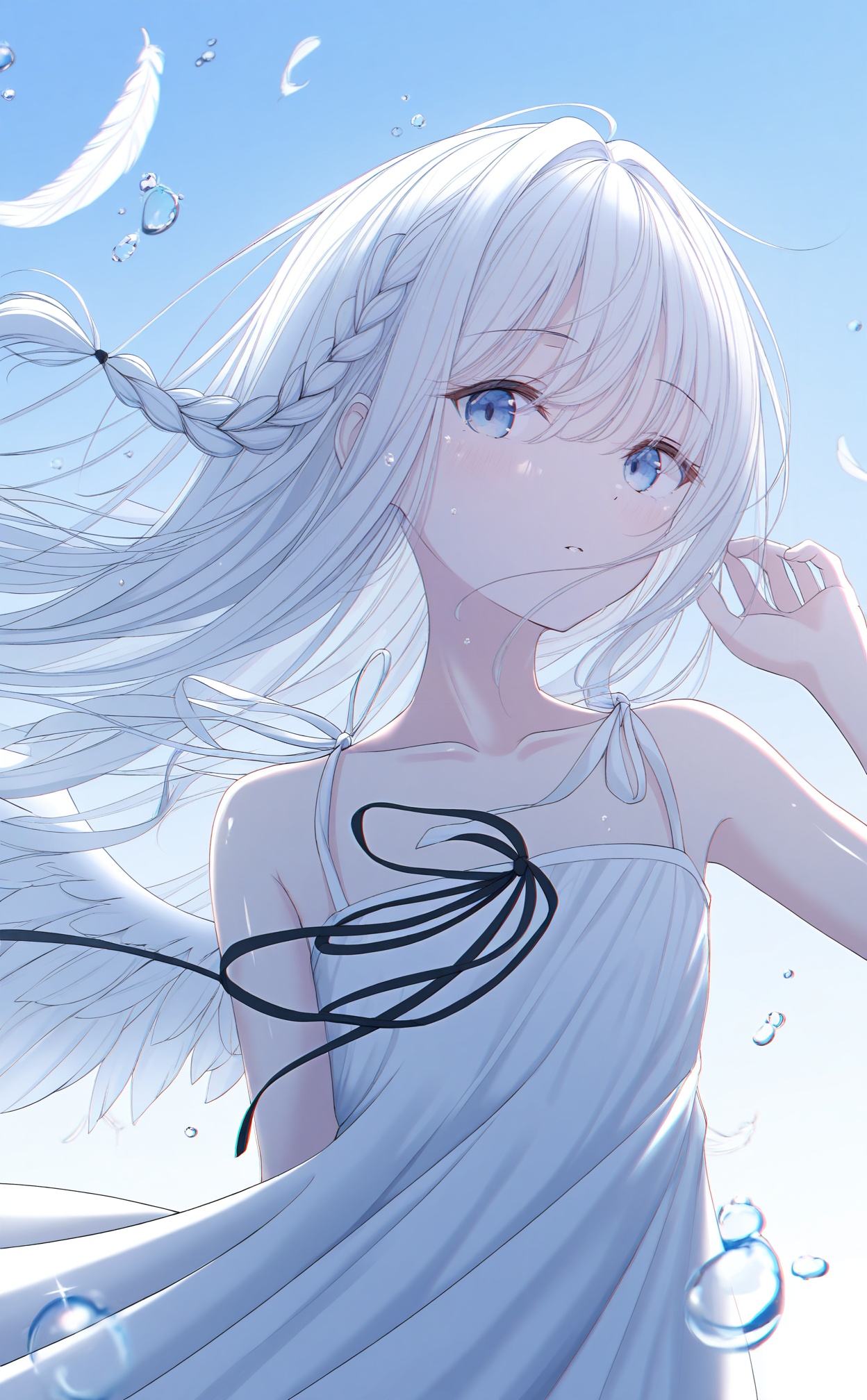 masterpiece,highres,absurdres,newest,best quality,loli,petite,high quality,chromatic_aberration,shiny_skin,//,1girl, solo, wings, blue_eyes, long_hair, looking_at_viewer, dress, feathers, bubble, braid, feathered_wings, upper_body, white_dress, ribbon, water_drop, angel_wings, white_hair, black_ribbon, white_wings, sleeveless_dress, sleeveless, floating_hair, bare_shoulders, collarbone, sky, outdoors, blue_sky, hand_up, air_bubble//,<lora:aestivation——【noob】hans:0.8>,