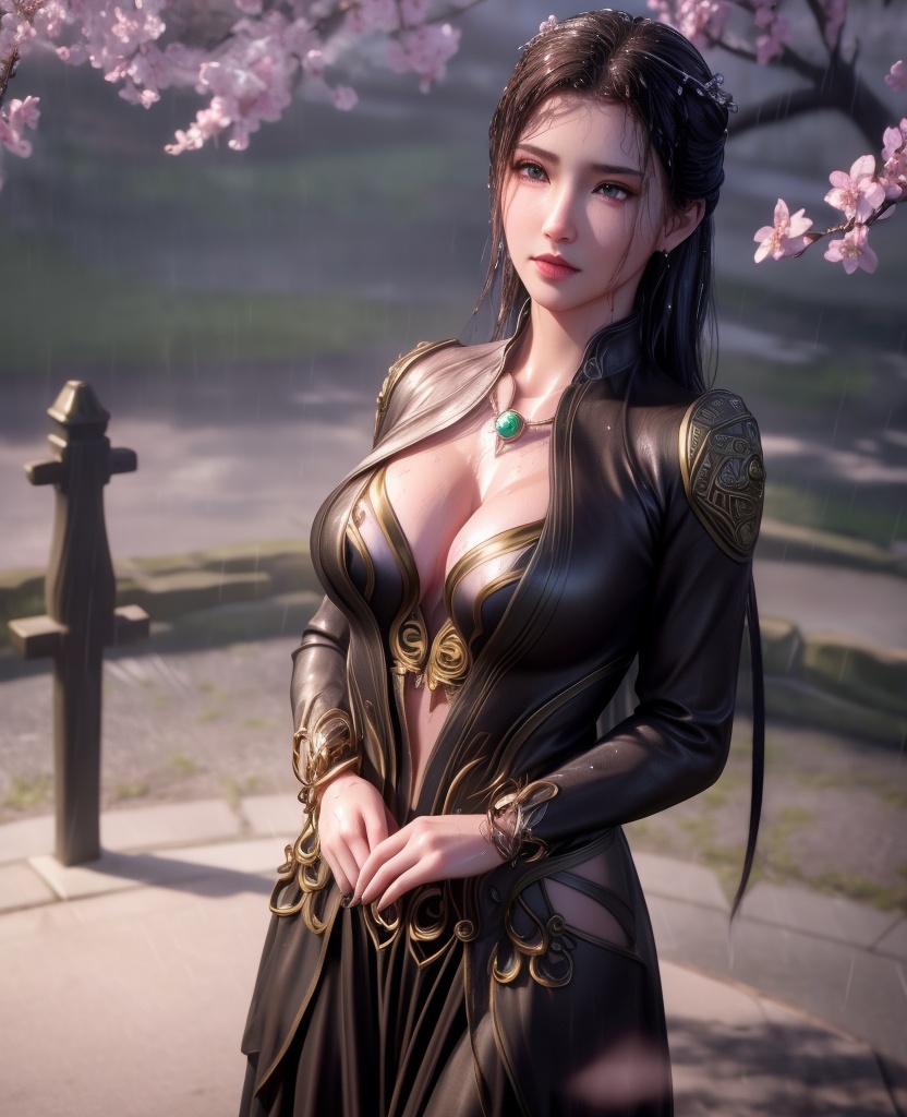 <lora:548-DA-师兄啊师克-碧霄:0.8>(,1girl, ,best quality, ),looking at viewer, ,ultra detailed 8k cg, ultra detailed background,  ultra realistic 8k cg,          cinematic lighting, cinematic bloom, (( , )),,  , unreal, science fiction,  luxury, jewelry, diamond, pearl, gem, sapphire, ruby, emerald, intricate detail, delicate pattern, charming, alluring, seductive, erotic, enchanting, hair ornament, necklace, earrings, bracelet, armlet,halo,masterpiece, (( , )),, realistic,science fiction,mole, ,cherry blossoms,(((, , ultra high res, (photorealistic:1.4), raw photo, 1girl, wet clothes, rain, sweat, ,wet, )))(( , ))   (cleavage), (),