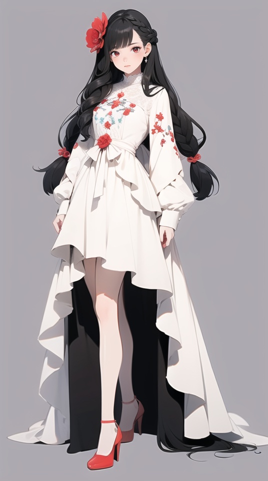 (best quality), ((masterpiece)), (highres), illustration, original, extremely detailed,ooo, 1girl, solo, absurdly long hair, very long hair, long hair, black hair, white background, dress, braid, full body, flower, simple background, standing, hair ornament, white dress, looking at viewer, red eyes, long sleeves, hair flower, red footwear, closed mouth