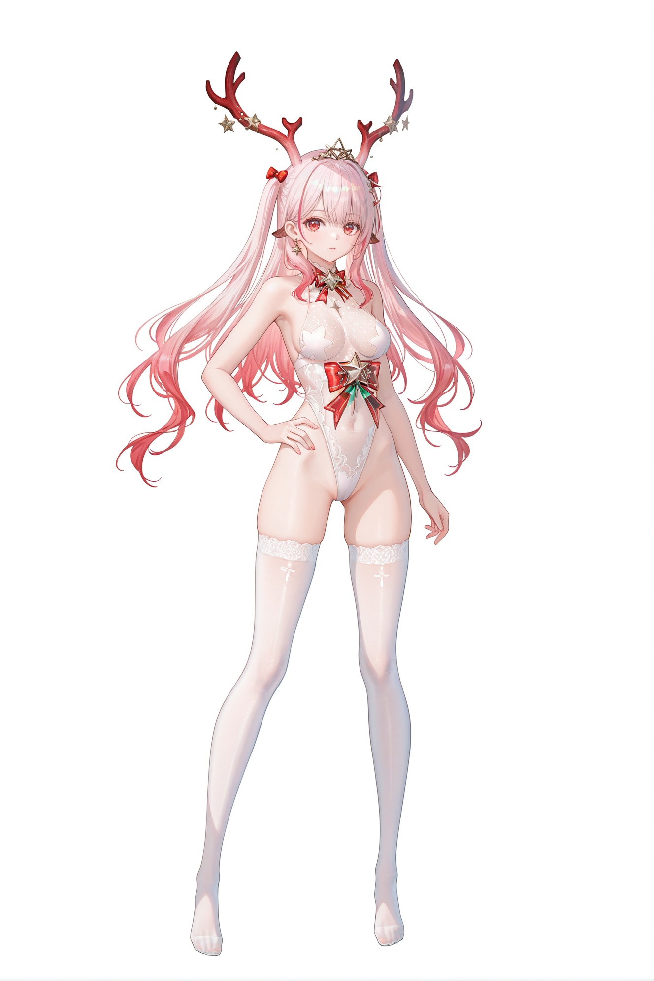 8k,best quality,masterpiece,(ultra-detailed),(high detailed skin),((artist:reoen),(artist:fuzichoco),(artist:atdan),(artist:torino_aqua),year 2024:0.8)1girl,[artist:wlop],[artist:ningen_mame],artist:ciloranko,[[artist:rhasta]],artist:tidsean,colorful,full body,full shot,standing,(solo:1.2),simple background,(white background:1.2),hand on own hip,(white background:1.1),<lora:weimo-ill-Tanger-000013:0.8>,weimo \(book of yog\),shendan,clothes: shendan clothes,shendan red hat horn ornament,shendan white leotard,shendan deer horns,shendan white thighhighs,twintails,1girl,breasts,antlers,long hair,red eyes,white hair,pink hair,multicolored hair,white bodystocking,see-through,Star brooch,