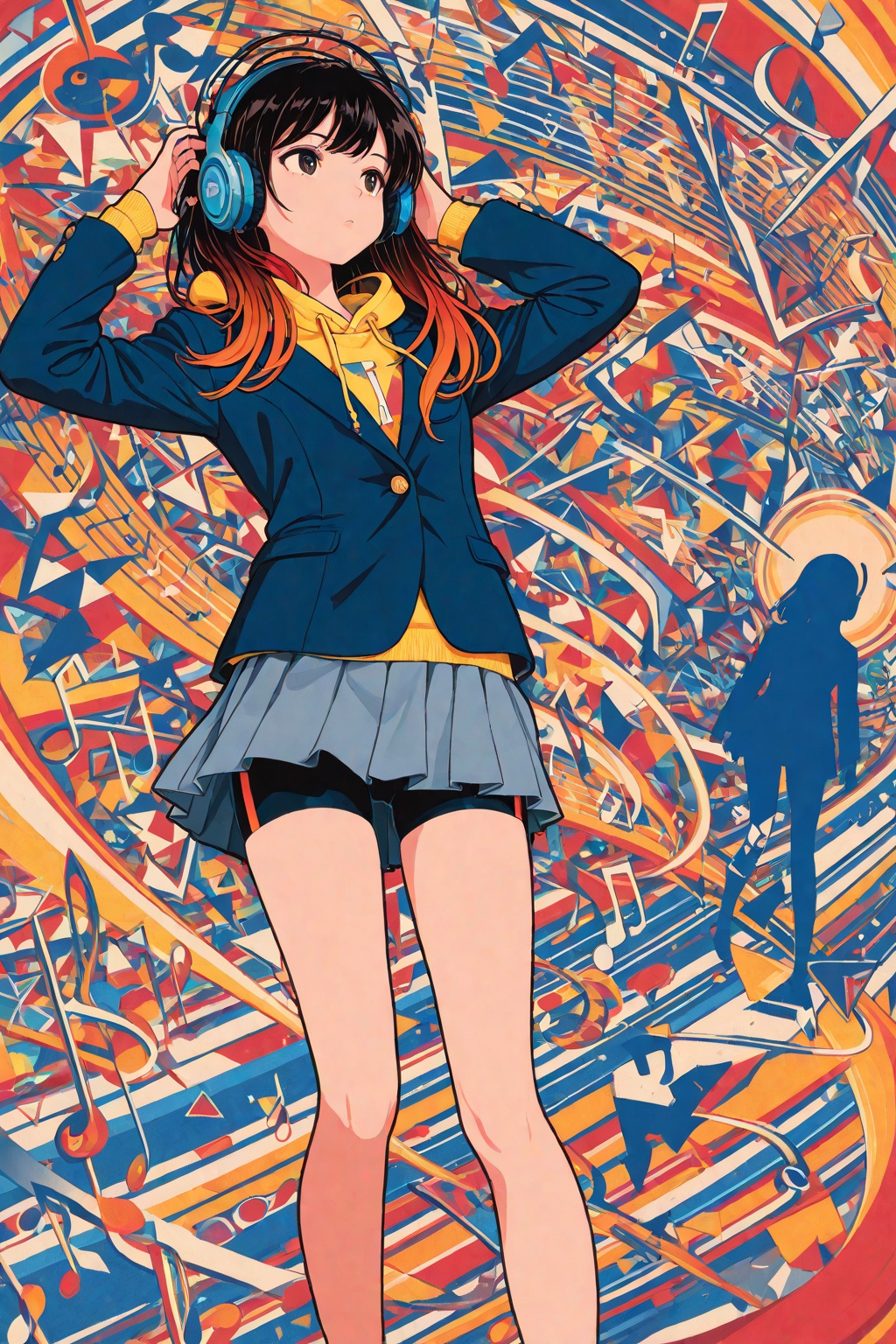 1girl,solo,headphones,hoodie under blazer,bike shorts under pleated skirt,pop art,silhouette art,geometry,music,waveform,melody,musical note,secondary colors,masterpiece,best quality,amazing quality,very aesthetic,absurdres,newest,