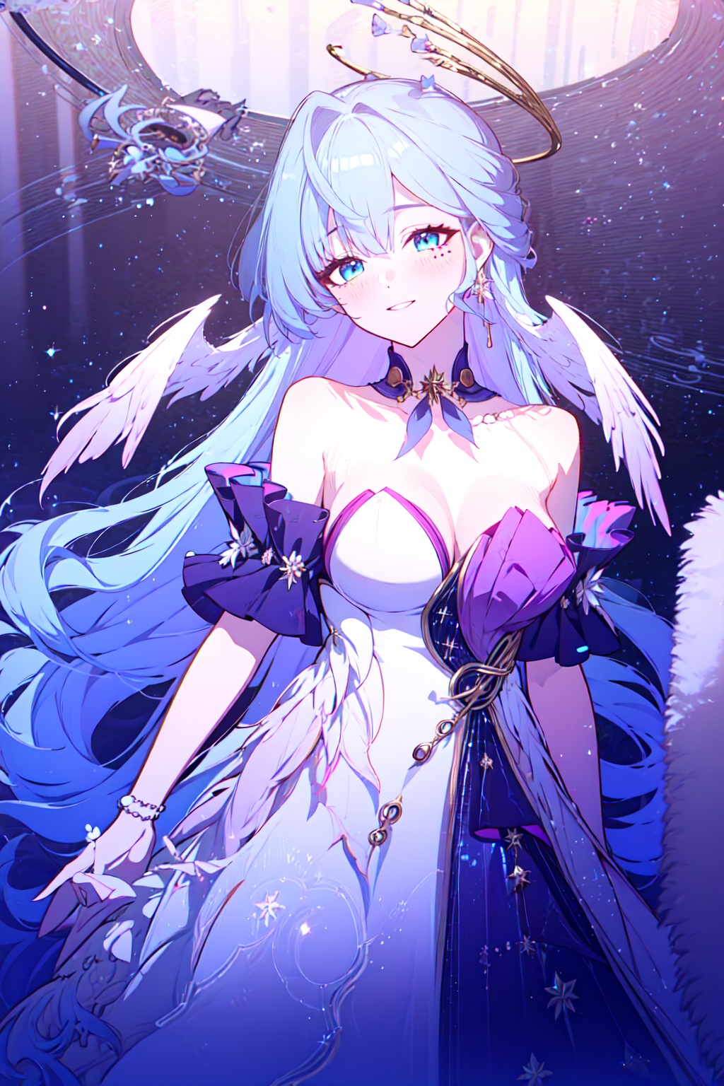 masterpiece,official art,extremely detailed cg unity 8k wallpaper,highly detailed,absurdres,8k resolution,1girl,solo,bow,bare shoulders,bangs,blue eyes,dress,wings,strapless,jewelry,breasts,blue hair,earrings,halo,hair intakes,head wings,strapless dress,robin,highres,smile,parted lips,blush,<lora:robin-str-v1cl:1>,