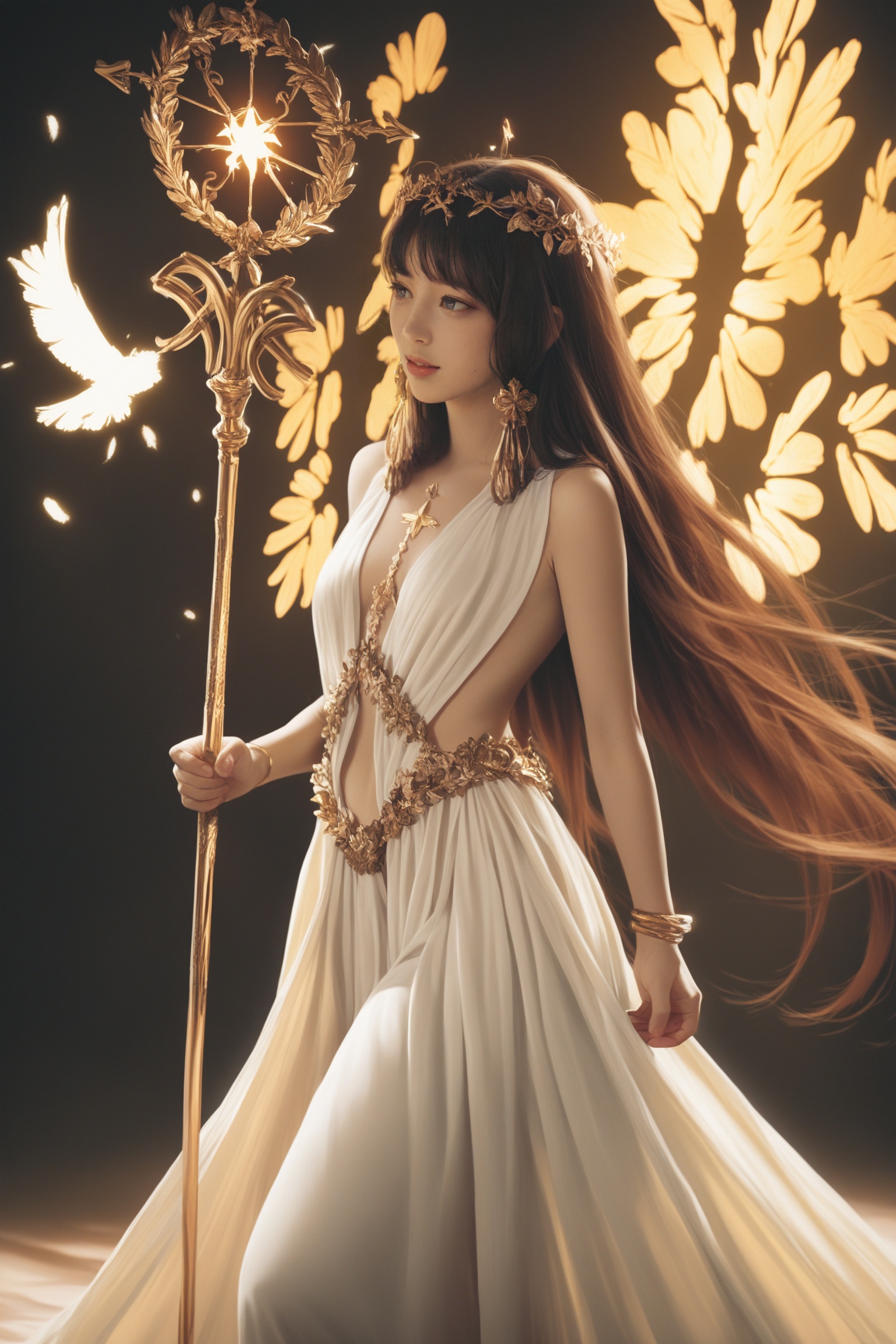 realistic,realistic photography,detailed,.,.,.,1girl,.,bracelet,<lora:RE10-000008:0.85>,A magical girl wearing a flowing,shimmering robe adorned with intricate runes and stars,holding a staff with glowing feathers at her side. She stands in a clearing surrounded by a field of glowing wildflowers,their petals shimmering like liquid gold. In the distance,a faint,shimmering trail of light leads to a floating,ethereal castle in the sky,adorned with glowing,star-shaped windows. The girl turns slightly,her eyes glowing with an inner light,and gently waves her staff,causing the surrounding area to twinkle with magical energy. A gentle breeze carries the scent of incense and smoke,suggesting she is under the influence of a powerful magical force. The scene is bathed in a warm,golden light,creating a sense of harmony and enchantment.,, very awa, masterpiece, best quality, highres, absurdres,, (Stable_Yogis_Illustrious_Negatives:1.0),, <lora:perfection style:0.4>,perfection,
