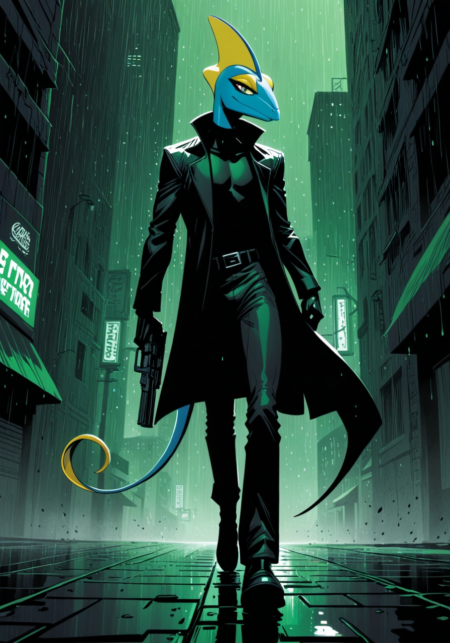inteleon,  holding gun,  walking on Tensor.Art