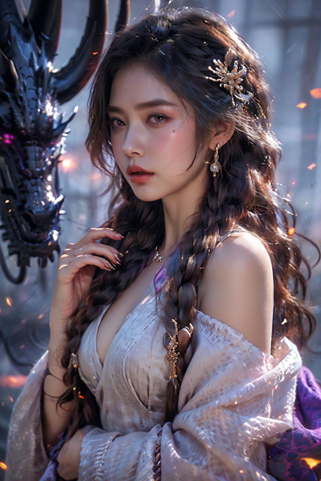 <lora:zishan-000008:0.8>,zishan,1girl,solo,long hair,looking at viewer,black hair,hair ornament,long sleeves,cleavage,jewelry,medium breasts,purple eyes,upper body,braid,earrings,twin braids,lips,hair over shoulder,eastern dragon,multiple braidsle_braids,, (high quality), best quality, (4k), 8k, super detailed, (full detail), (masterpiece), (realistic), super detailed,(Exquisite details) ,intricate,