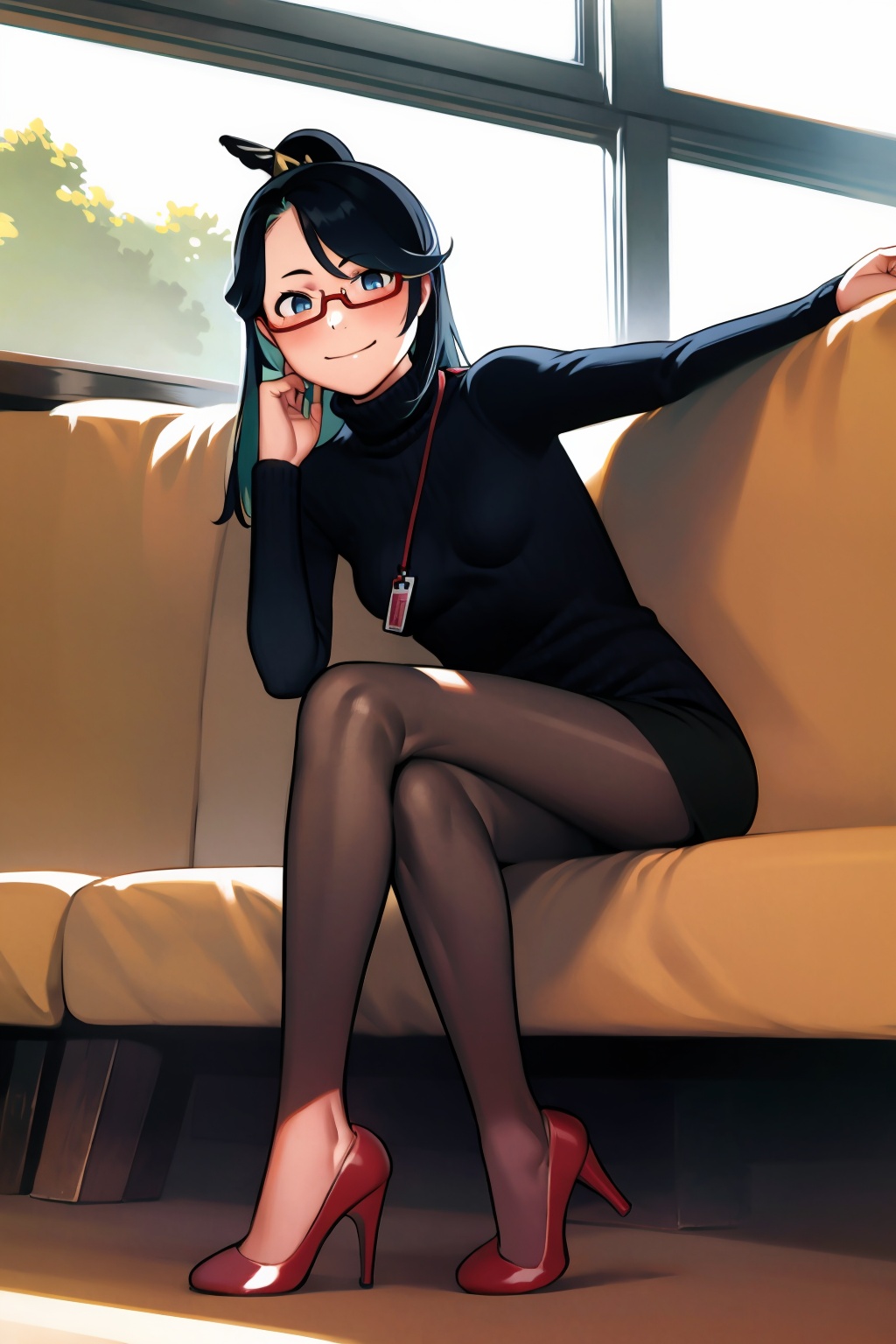 masterpiece, best quality, <lora:comiclo:1>,<lora:xianyun-v2:1>,1girl, solo, pantyhose, glasses, long hair, skirt, red footwear, sitting, crossed legs, black hair, high heels, red-framed eyewear, red skirt, lanyard, semi-rimless eyewear, looking at viewer, black pantyhose, window, turtleneck, breasts, pencil skirt, long sleeves, black sweater, very long hair, multicolored hair, under-rim eyewear, ponytail, alternate costume, blue eyes, shirt, id card, indoors, full body, hair ornament, turtleneck sweater, office lady, black shirt, closed mouth, sweater, artist name, smile, bangs, blue hair