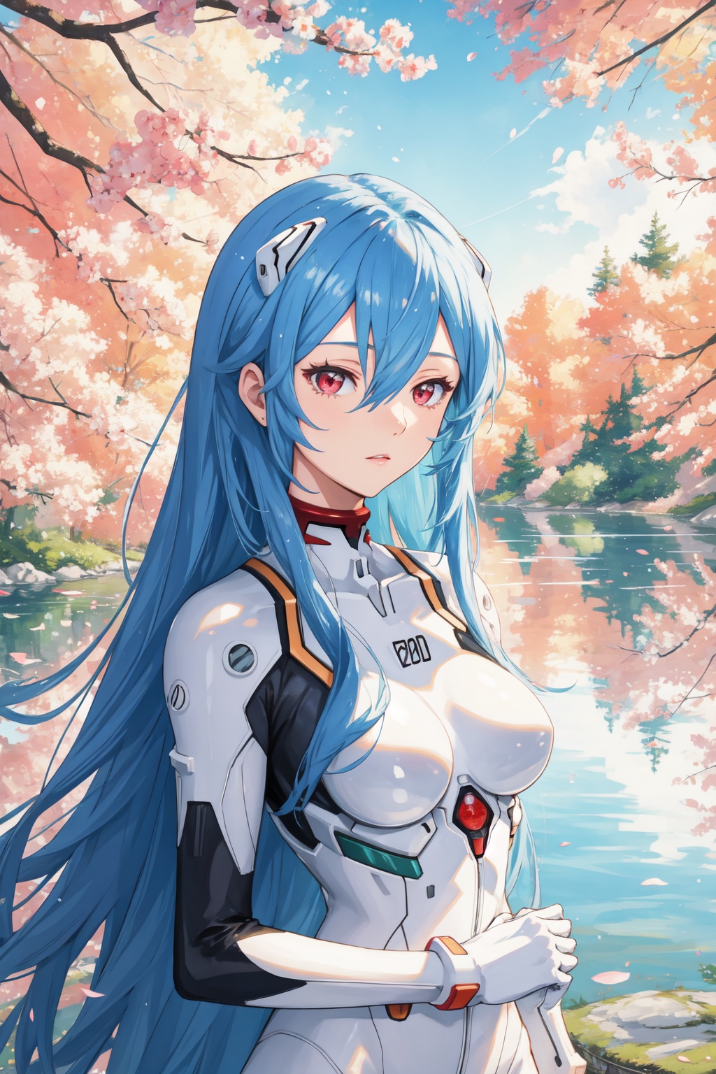 <lora:Rei-000011:0.6>,Rei CYQL,1girl,looking at viewer,solo,blue hair,red eyes,hair between eyes,medium breasts,(Rei 00,long hair,very long hair,hair between eyes,hair spread out,white bodysuit,plugsuit,interface headset,bodysuit,two-tone sleeves),female_orgasm,upper_body,Lakeside meadow,Picnic,Noontime sun,Nature scenery,Enjoyment,Relaxation,(Japanese maples, Tea house, Stone lanterns, Koi pond, Fall foliage, Tranquil retreat:0.5),beautiful detailed sky,beautiful detailed glow,posing in front of a colorful and dynamic background,masterpiece,best quality,beautiful and aesthetic,contrapposto,female focus,wallpaper,
