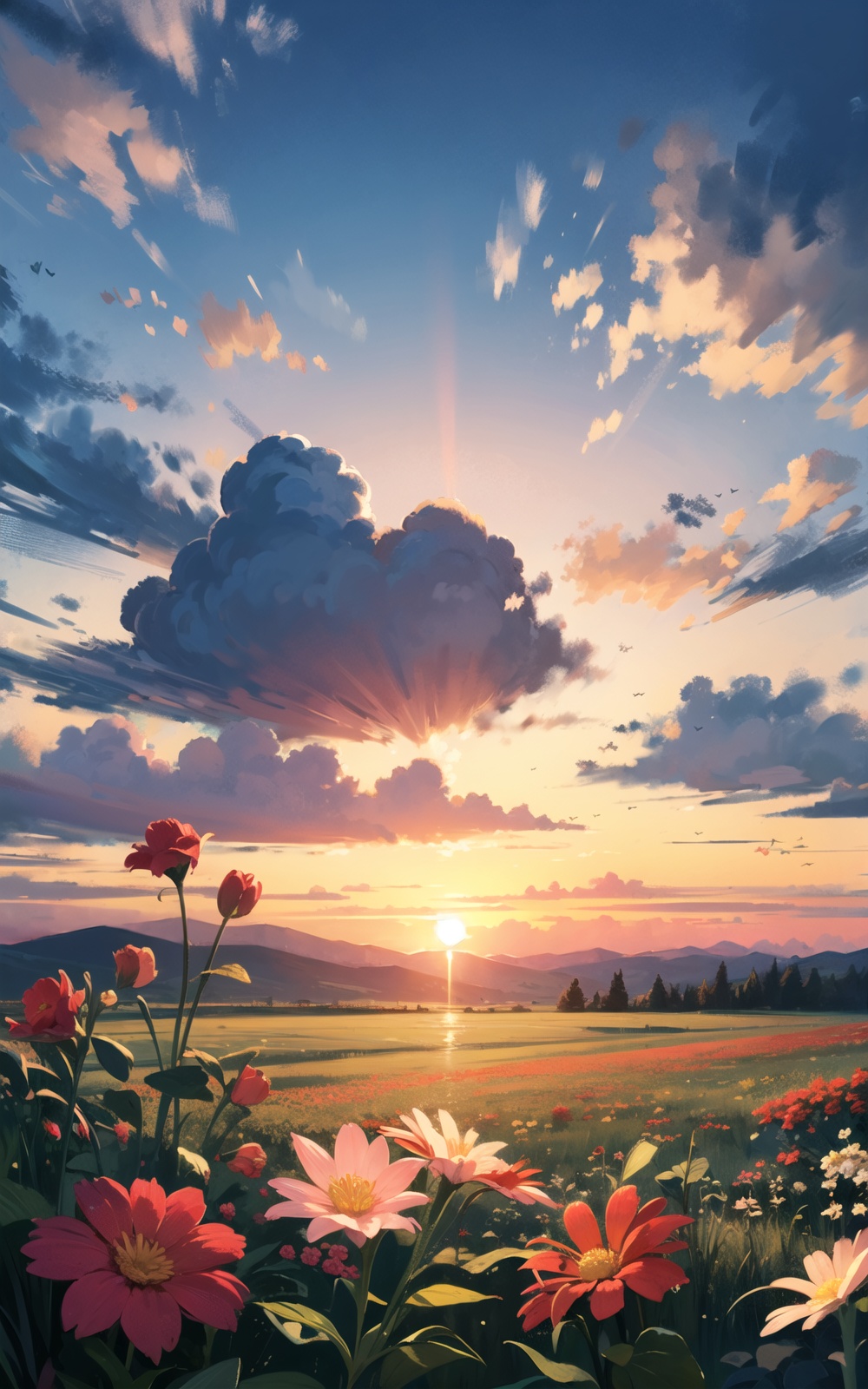 flower, scenery, cloud, sky, outdoors, no_humans, sunset, bird, grass, plant, bush